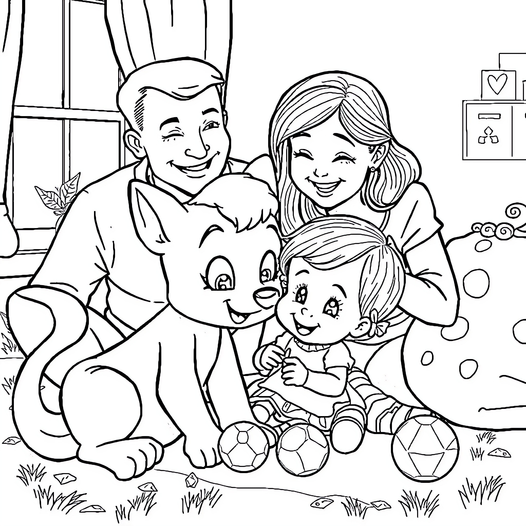 Bluey's Family Playtime Coloring Page (free black-and-white line drawing printable PDF for all, from beginners to advanced learners, including children, teens, adults, and seniors)