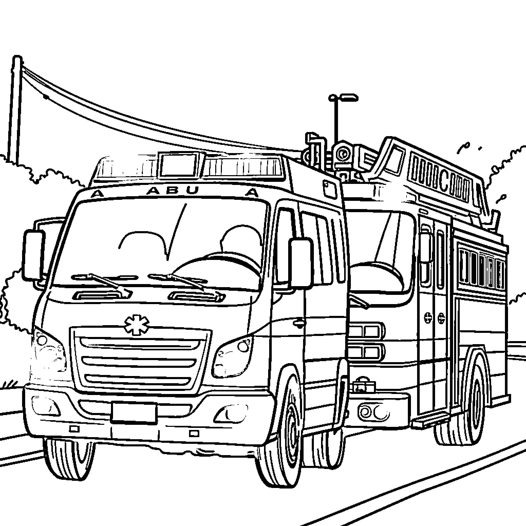 Vehicle Carrying Passengers with Equipment on the Road Coloring Page (free black-and-white line drawing printable PDF for all, from beginners to advanced learners, including children, teens, adults, and seniors)