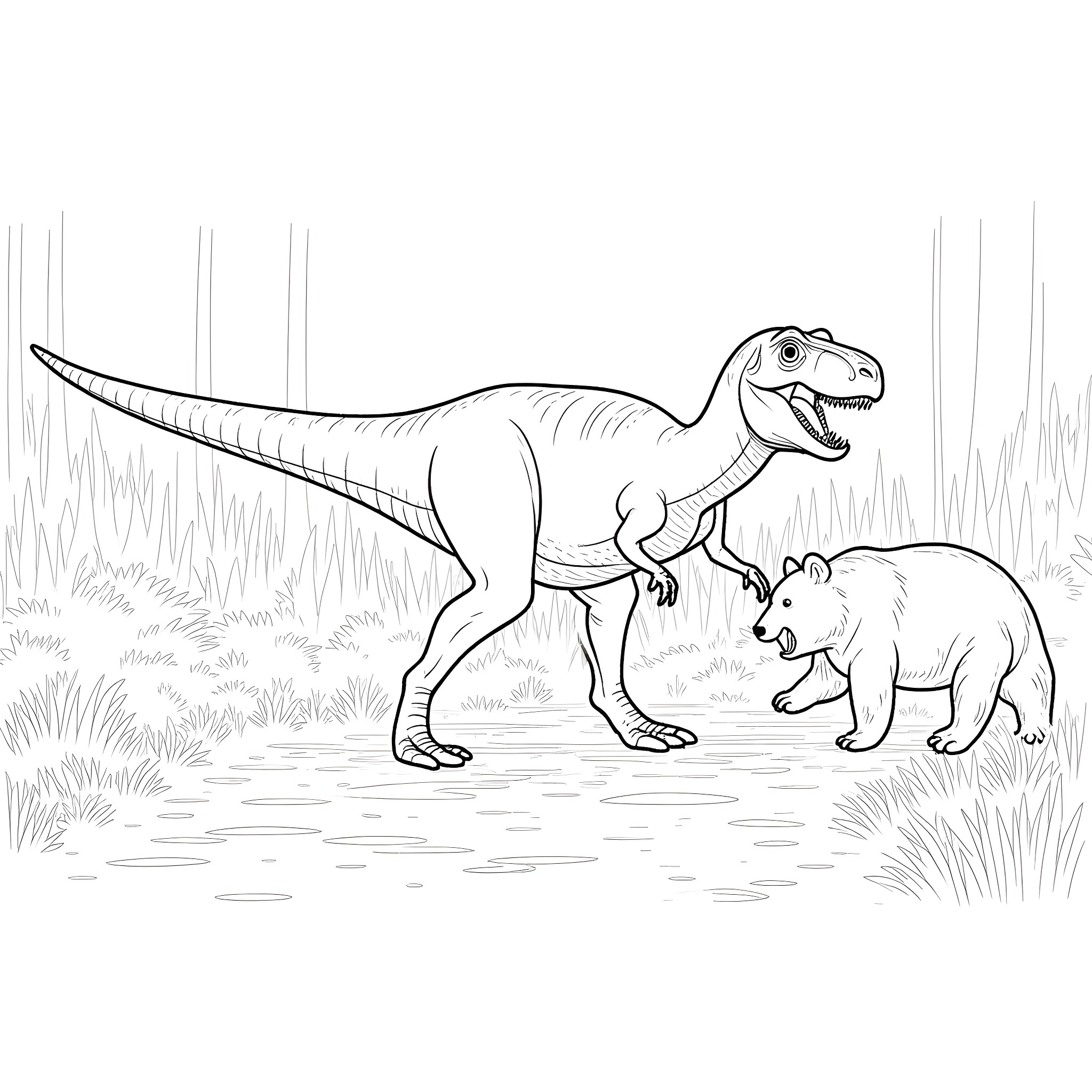 Indominus Rex and its young in the wild Coloring Page (free black-and-white line drawing printable PDF for all, from beginners to advanced learners, including children, teens, adults, and seniors)