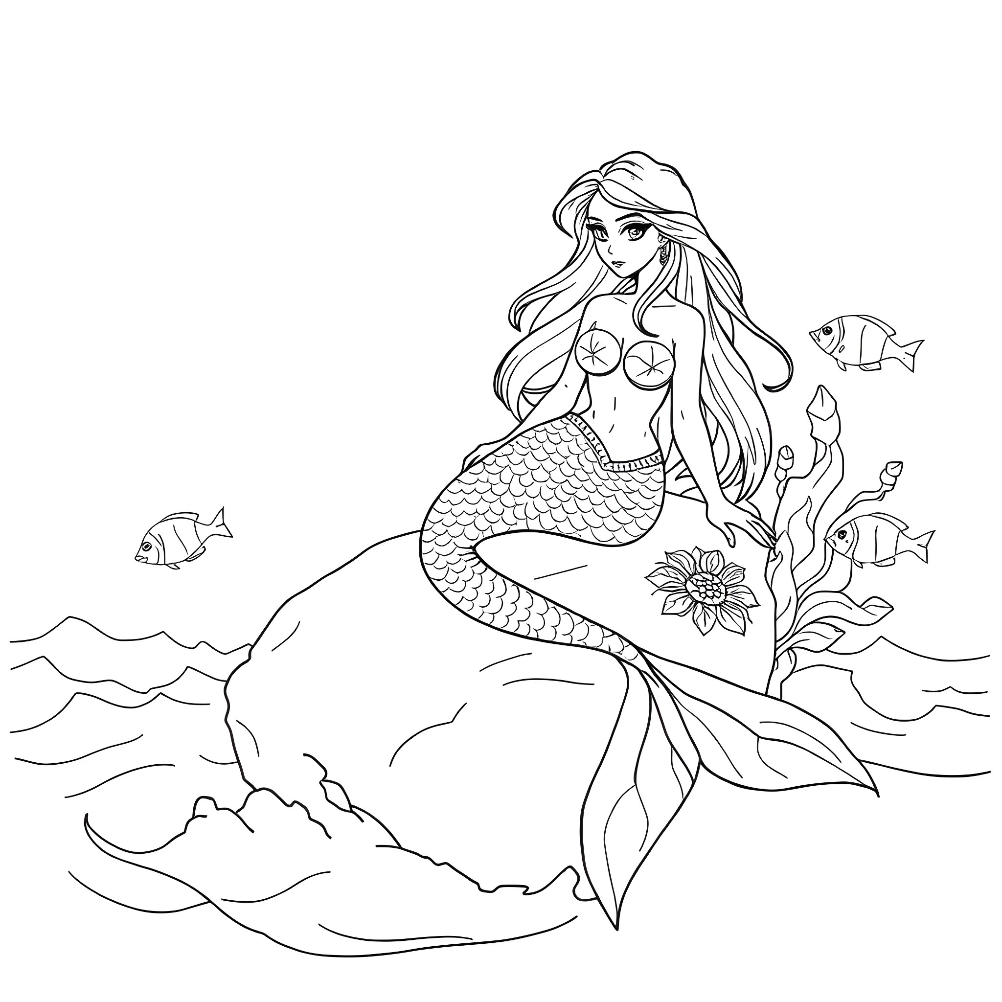 Mermaid swimming gracefully in the underwater world Coloring Page (free black-and-white line drawing printable PDF for all, from beginners to advanced learners, including children, teens, adults, and seniors)
