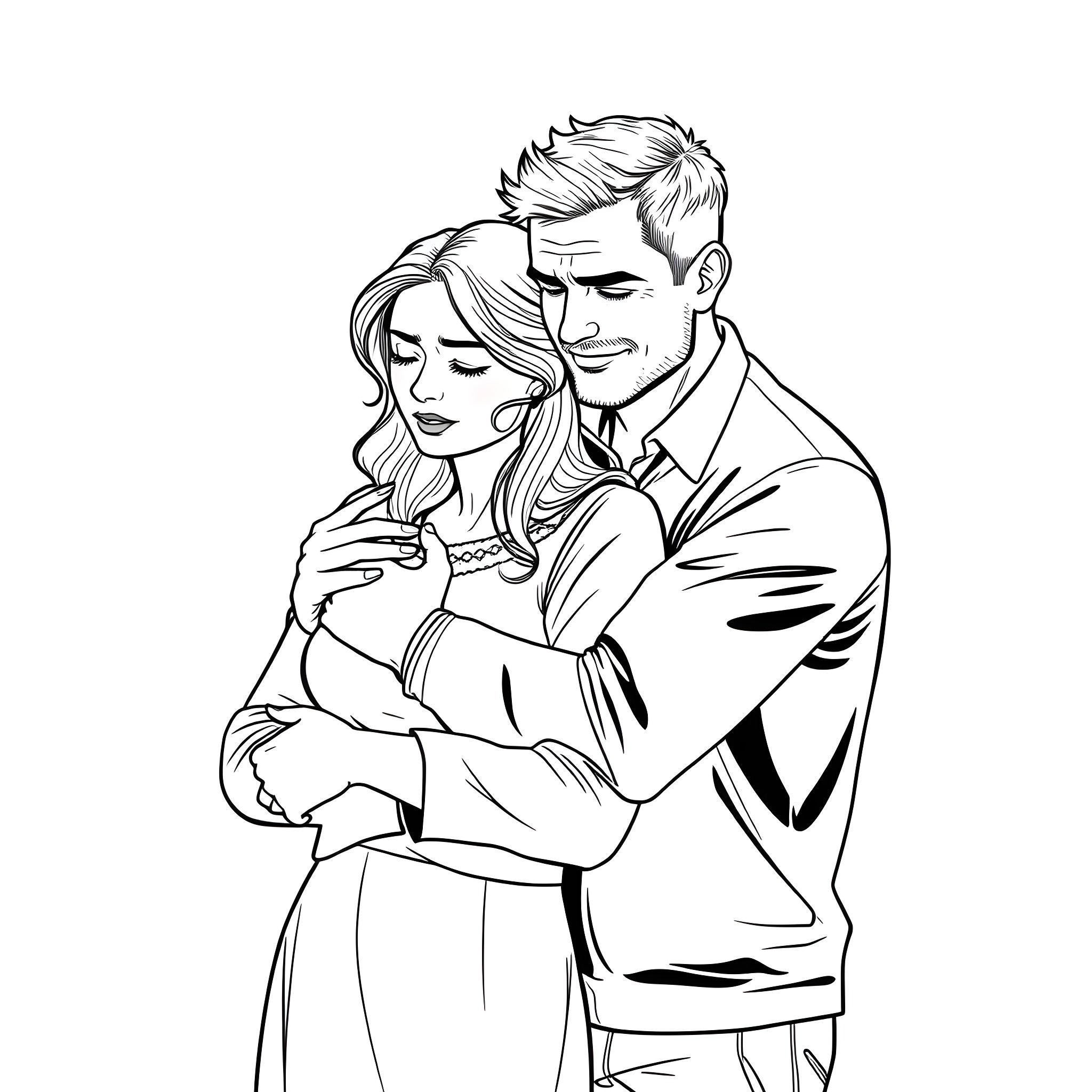 Wife embracing husband lovingly in affectionate scene Coloring Page (free black-and-white line drawing printable PDF for all, from beginners to advanced learners, including children, teens, adults, and seniors)