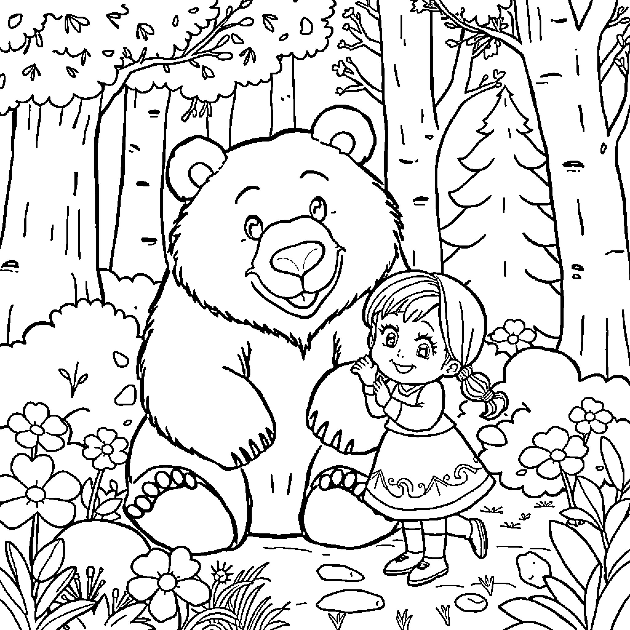 Masha and the Friendly Bear in the Forest Coloring Page (free black-and-white line drawing printable PDF for all, from beginners to advanced learners, including children, teens, adults, and seniors)