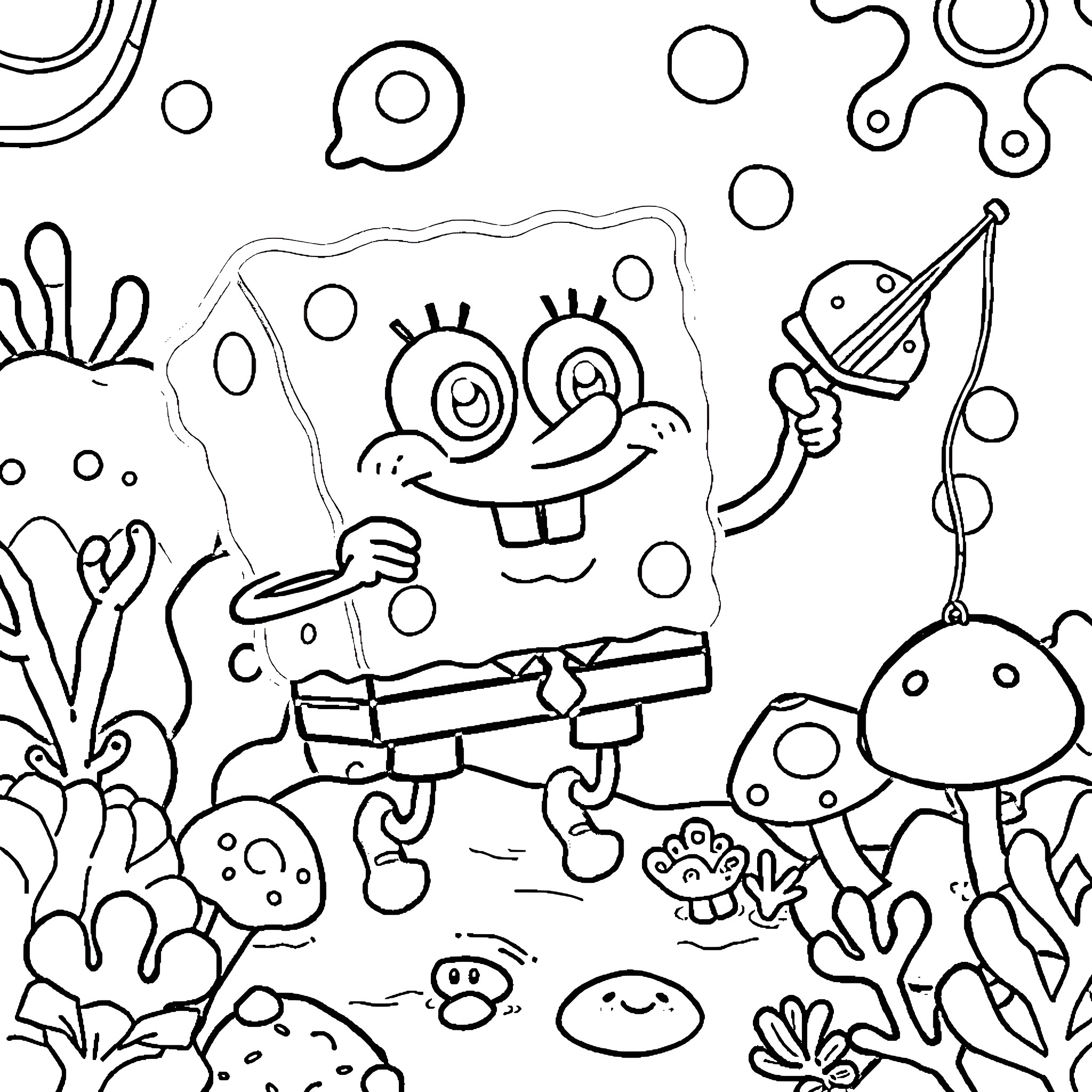 Spongebob's Underwater Adventure Coloring Page (free black-and-white line drawing printable PDF for all, from beginners to advanced learners, including children, teens, adults, and seniors)