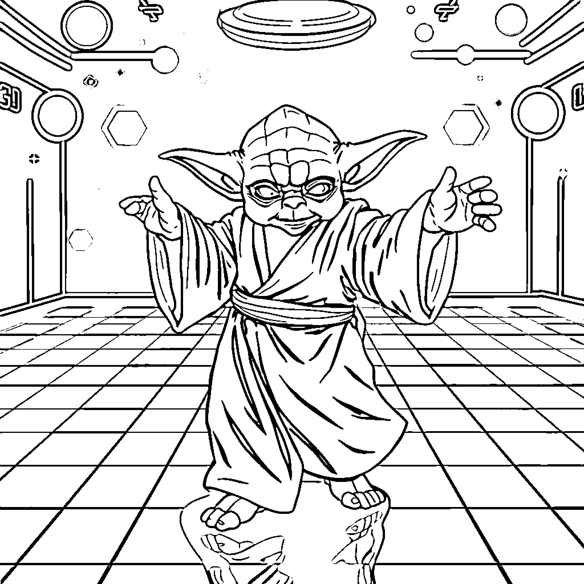 Yoda teaching lightsaber techniques in the Jedi Temple Coloring Page (free black-and-white line drawing printable PDF for all, from beginners to advanced learners, including children, teens, adults, and seniors)