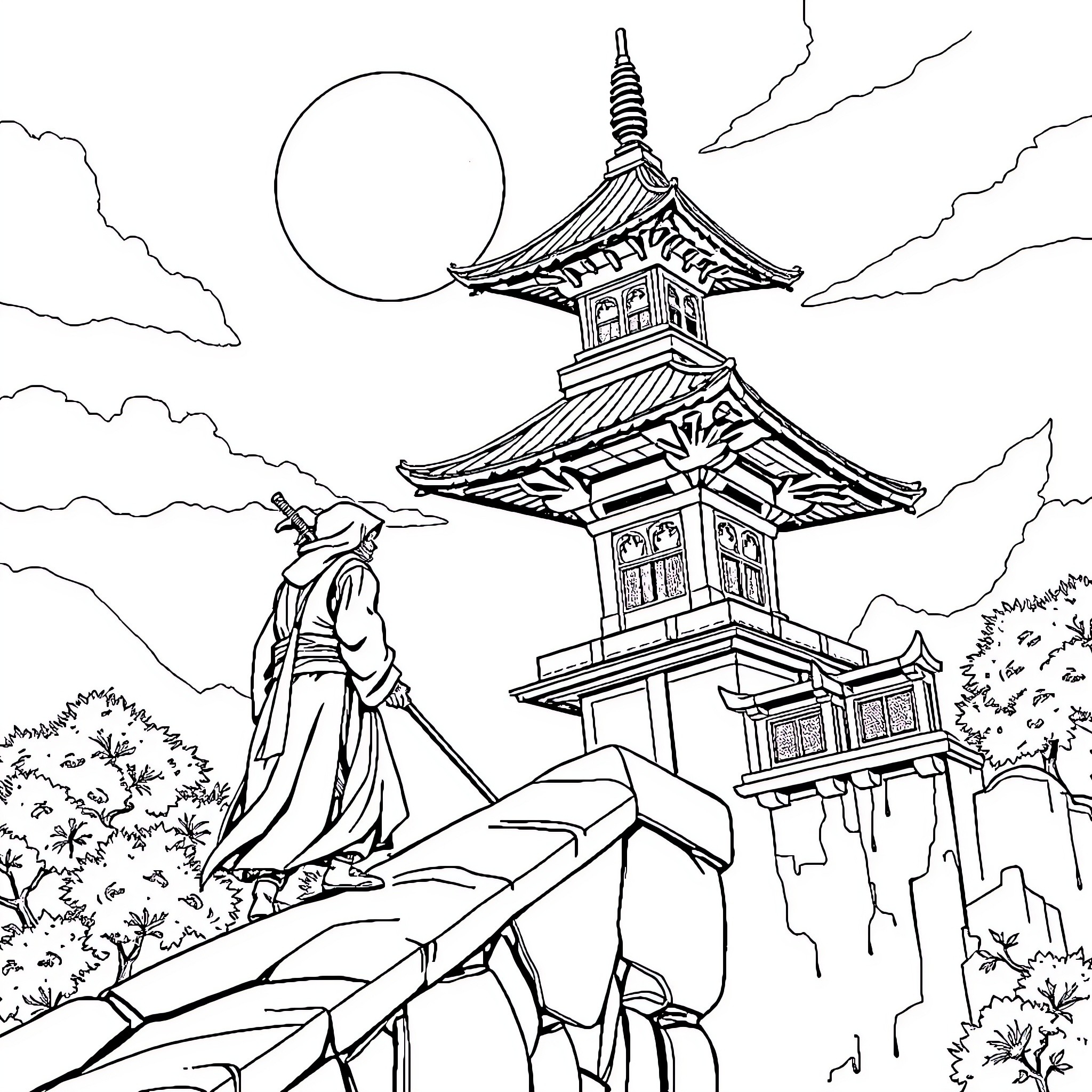 Ninja admiring the majestic pagoda in the moonlit landscape Coloring Page (free black-and-white line drawing printable PDF for all, from beginners to advanced learners, including children, teens, adults, and seniors)