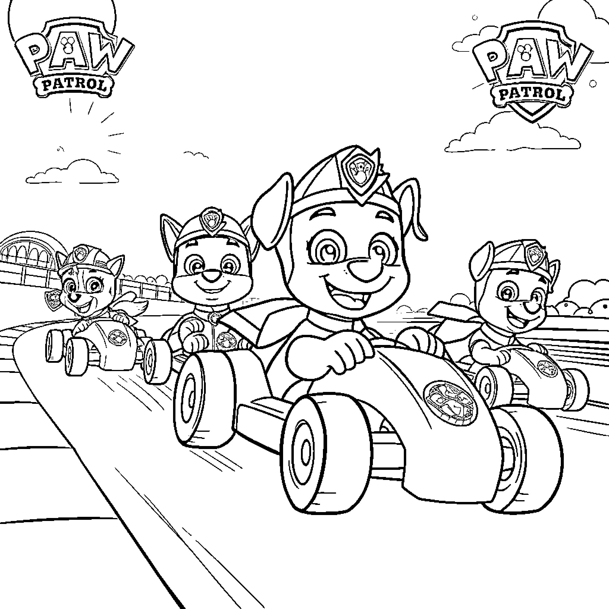 Paw Patrol racing in their vehicles Coloring Page (free black-and-white line drawing printable PDF for all, from beginners to advanced learners, including children, teens, adults, and seniors)