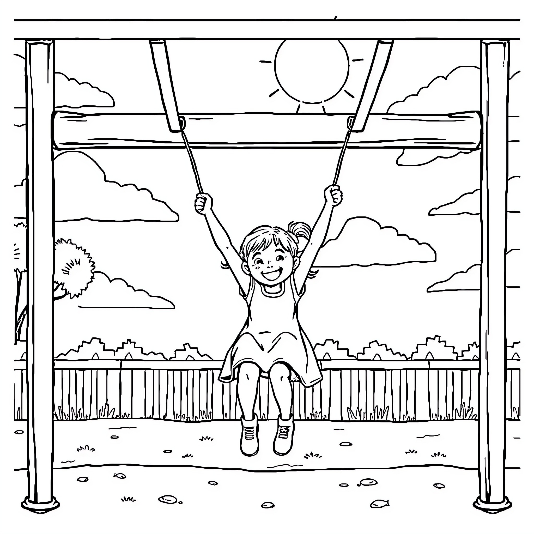Girl swinging in the park on a sunny day Coloring Page (free black-and-white line drawing printable PDF for all, from beginners to advanced learners, including children, teens, adults, and seniors)