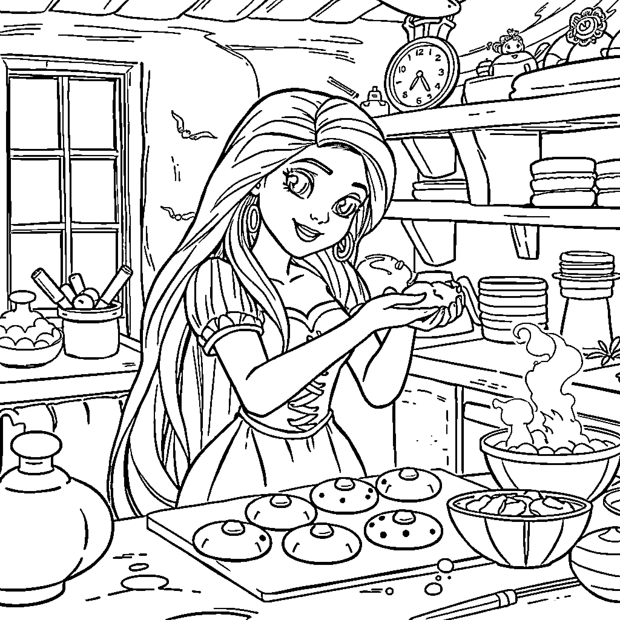 Rapunzel Baking Delightful Treats in the Cozy Kitchen Coloring Page (free black-and-white line drawing printable PDF for all, from beginners to advanced learners, including children, teens, adults, and seniors)