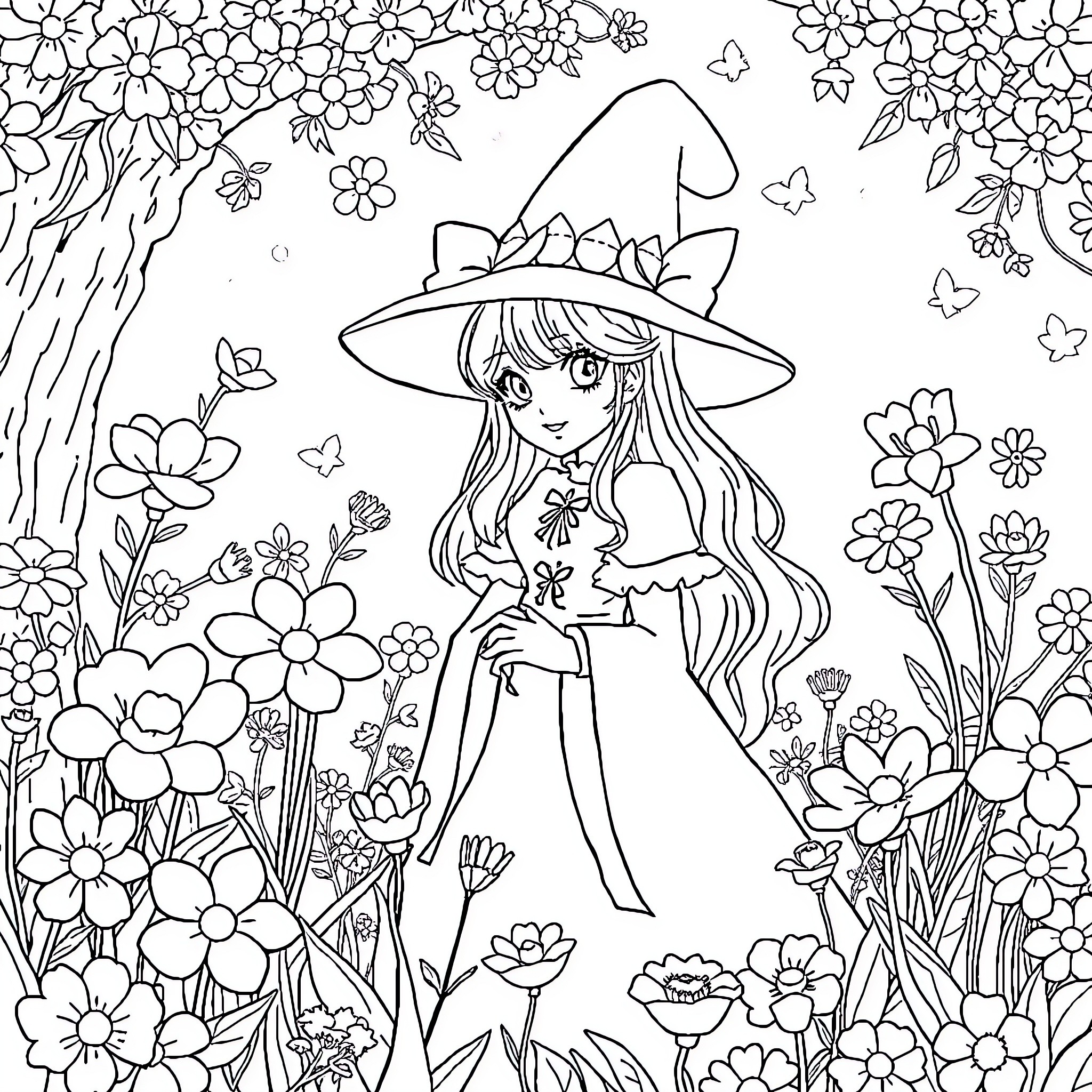 Marie's Whimsical Flower Garden Adventure Coloring Page (free black-and-white line drawing printable PDF for all, from beginners to advanced learners, including children, teens, adults, and seniors)