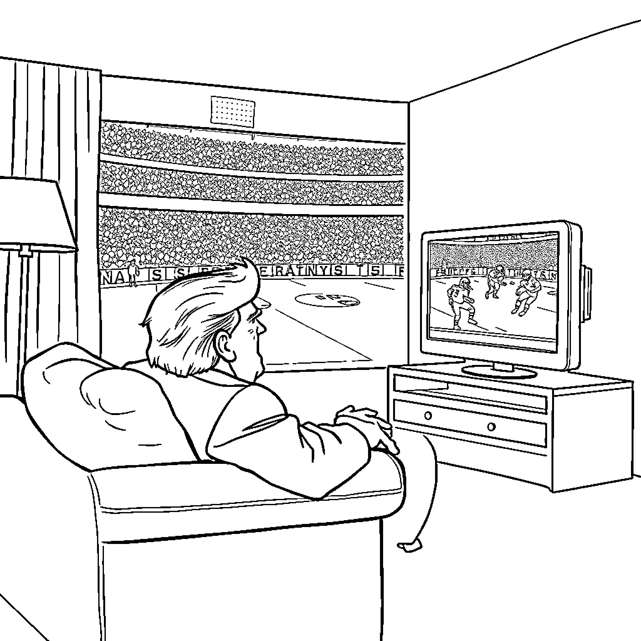 Donald Trump watches hockey game on TV Coloring Page (free black-and-white line drawing printable PDF for all, from beginners to advanced learners, including children, teens, adults, and seniors)