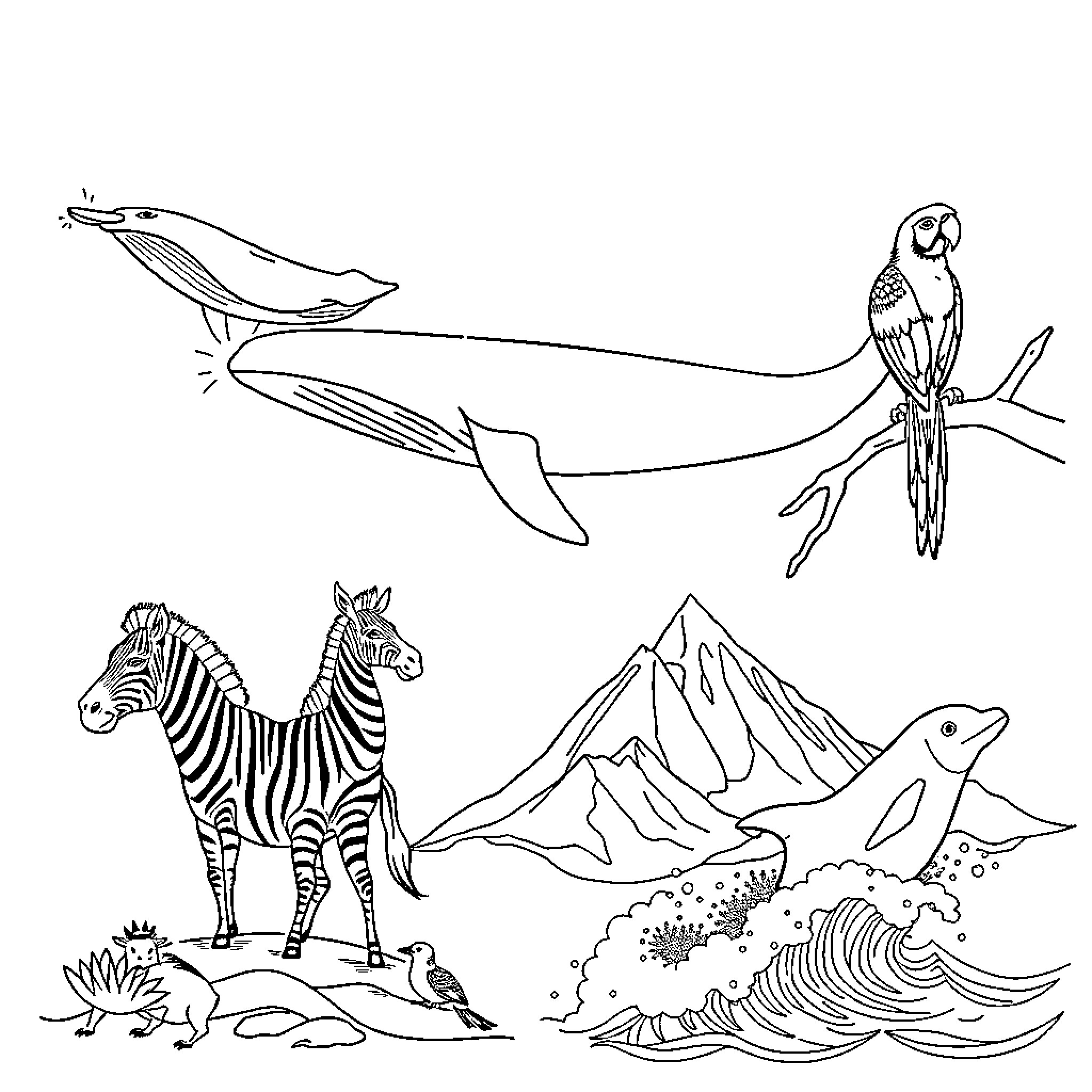 Whale and Exotic Animals in Nature Coloring Page (free black-and-white line drawing printable PDF for all, from beginners to advanced learners, including children, teens, adults, and seniors)