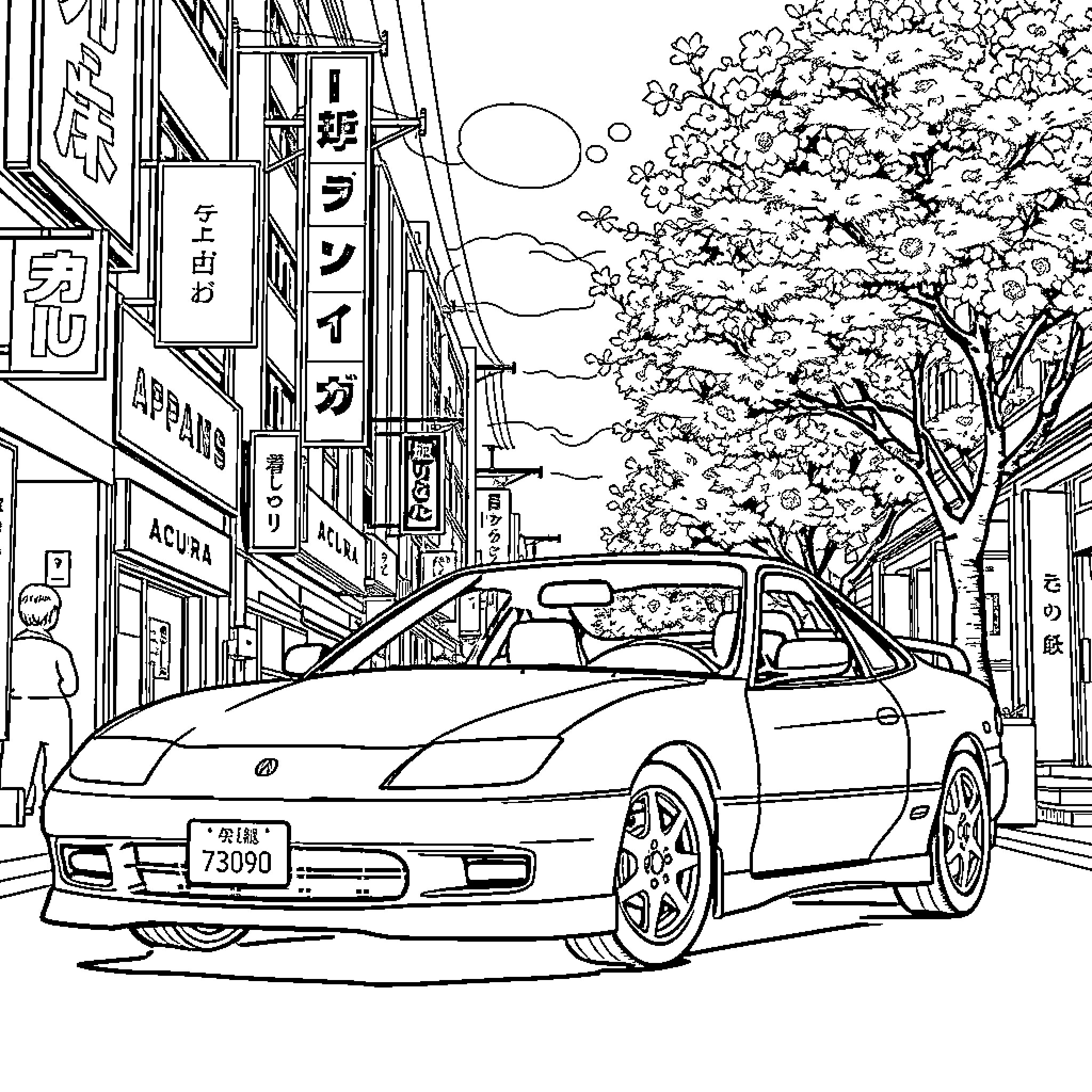 Acura sports car in Japanese city street scene Coloring Page (free black-and-white line drawing printable PDF for all, from beginners to advanced learners, including children, teens, adults, and seniors)