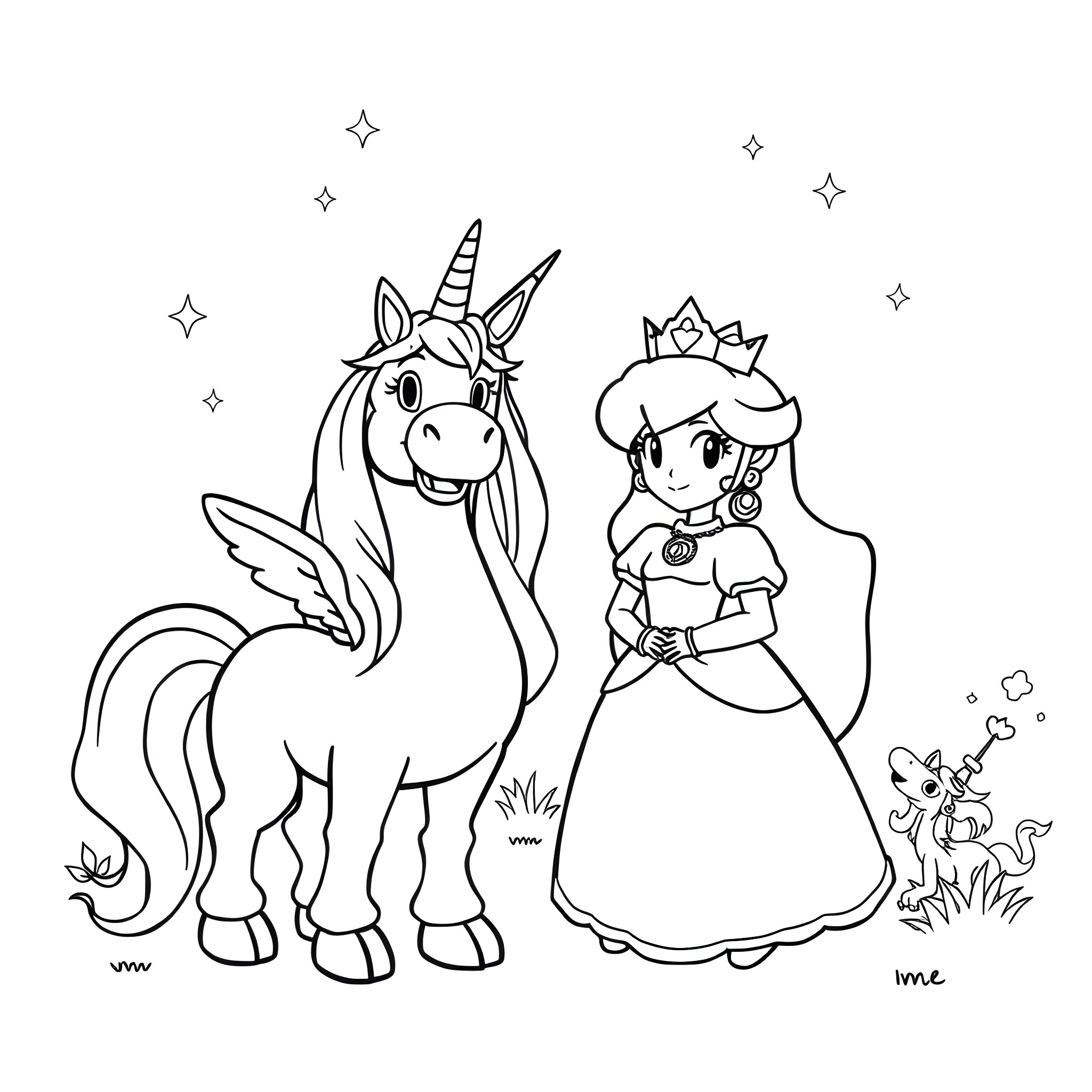 Unicorn and Princess in a Magical Realm Coloring Page (free black-and-white line drawing printable PDF for all, from beginners to advanced learners, including children, teens, adults, and seniors)