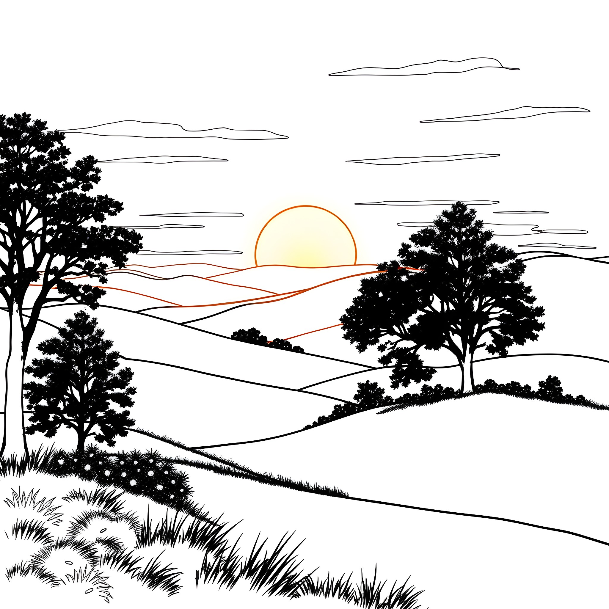 Sun setting over peaceful countryside landscape Coloring Page (free black-and-white line drawing printable PDF for all, from beginners to advanced learners, including children, teens, adults, and seniors)