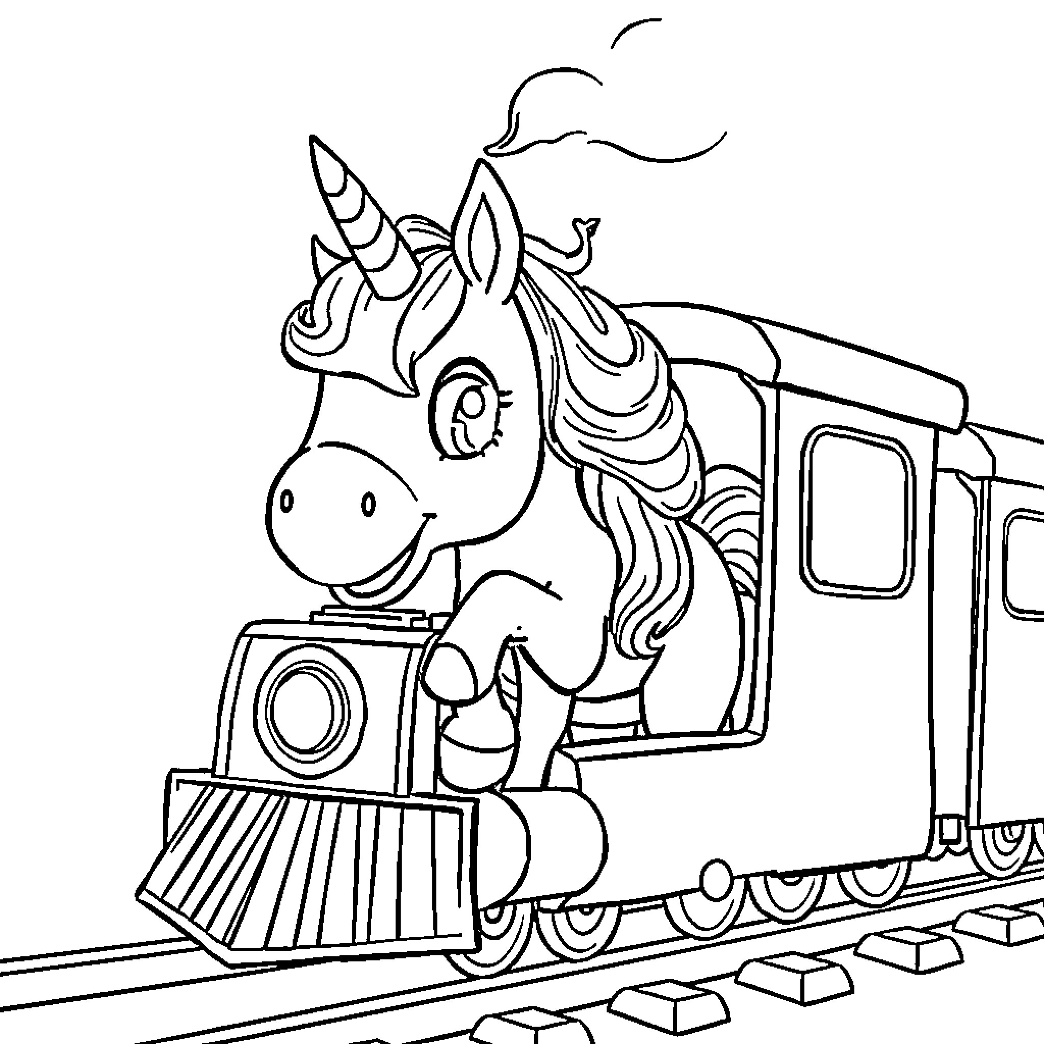 Unicorn riding a whimsical train Coloring Page (free black-and-white line drawing printable PDF for all, from beginners to advanced learners, including children, teens, adults, and seniors)