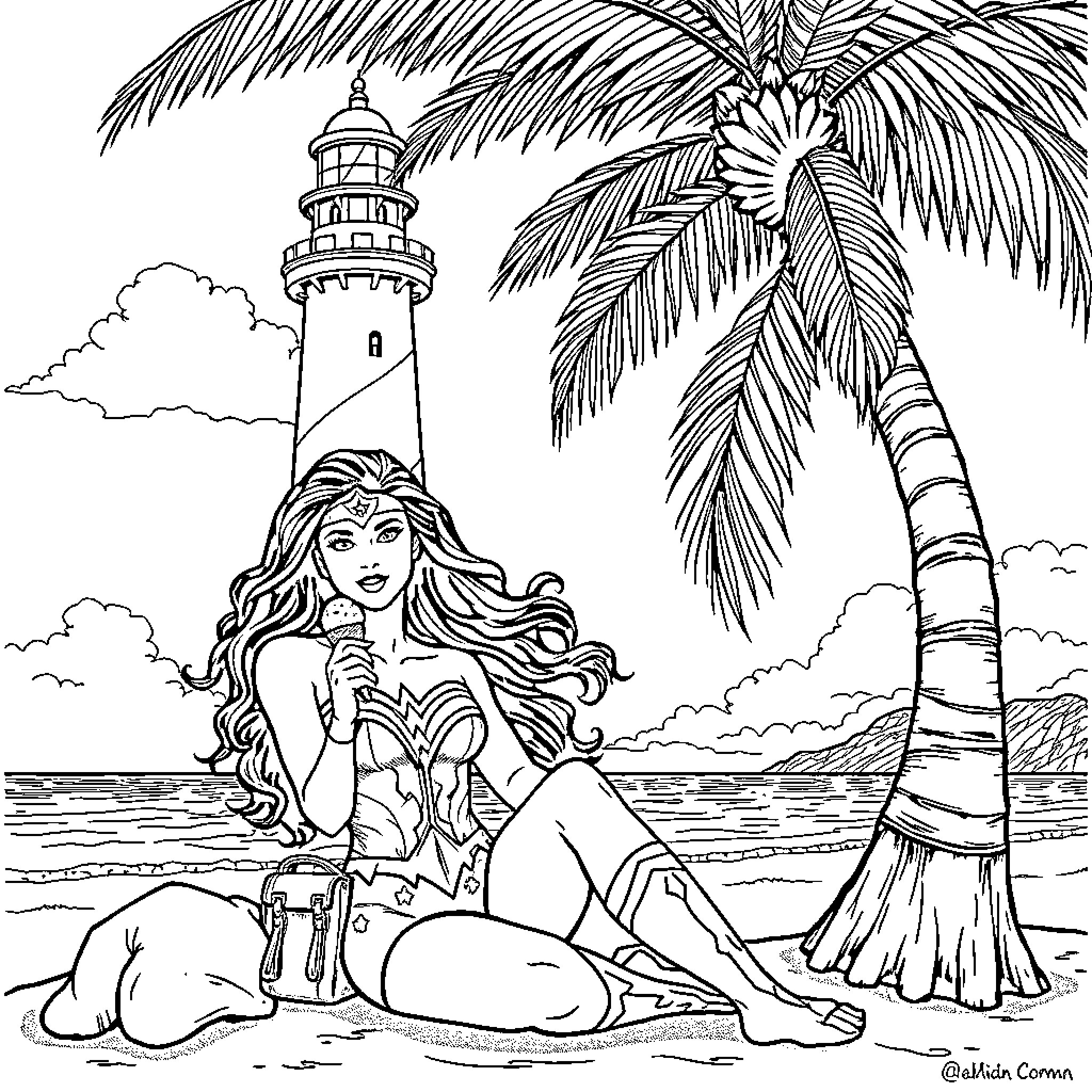 Wonder Woman on a Tropical Beach Coloring Page (free black-and-white line drawing printable PDF for all, from beginners to advanced learners, including children, teens, adults, and seniors)