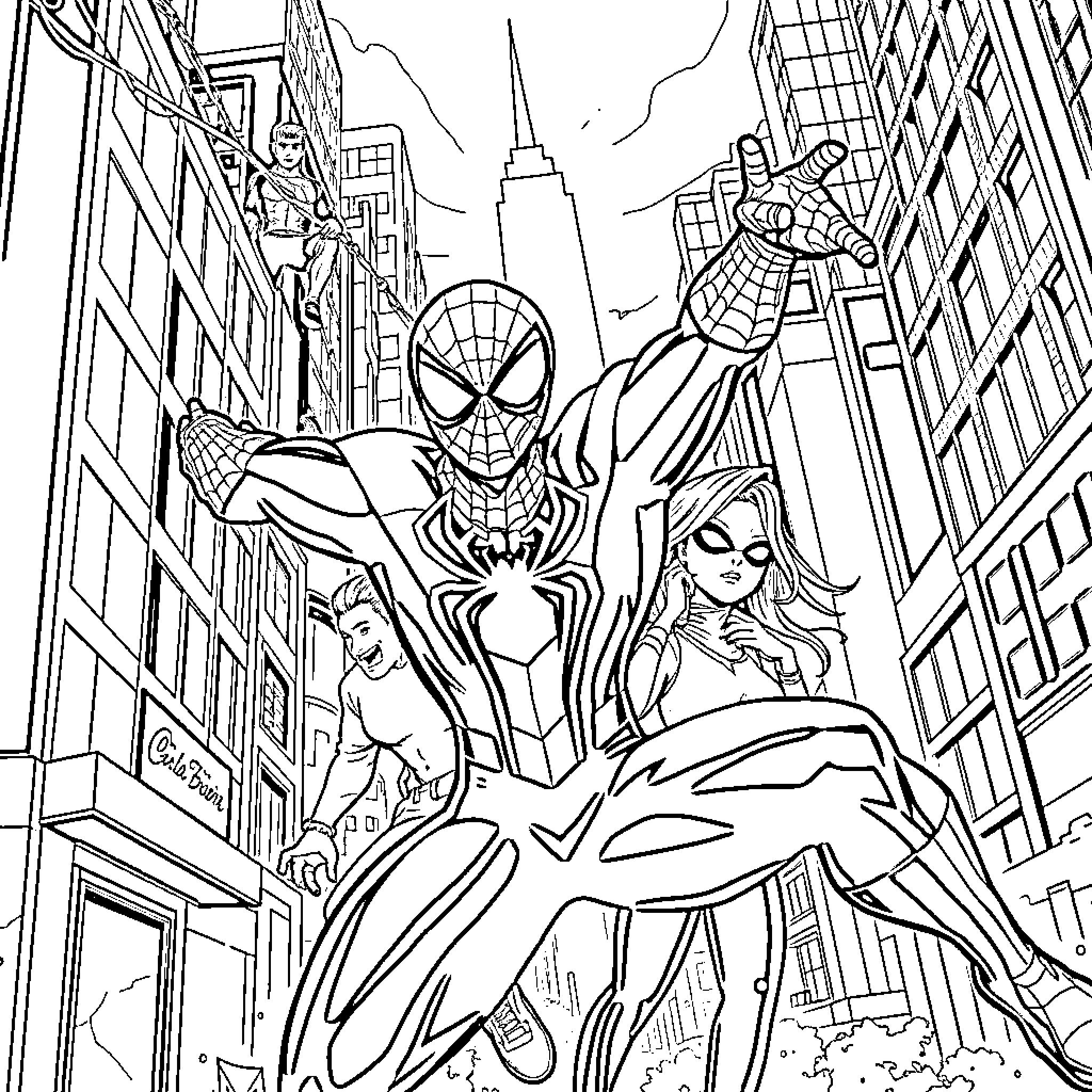 Spiderman and friends swing through the city streets Coloring Page (free black-and-white line drawing printable PDF for all, from beginners to advanced learners, including children, teens, adults, and seniors)
