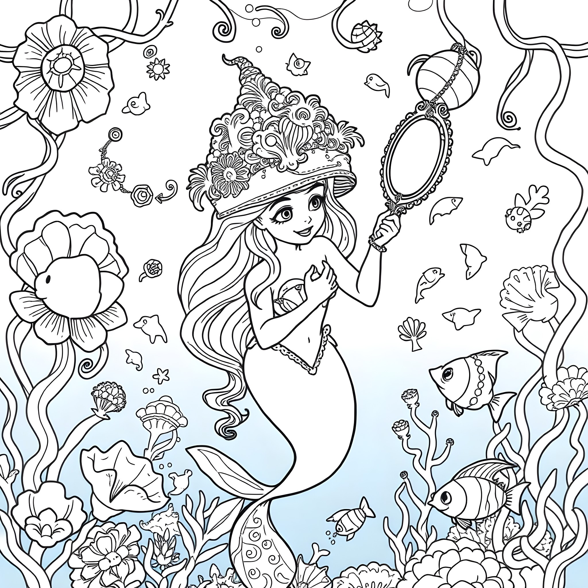 Mermaid enchanted by the underwater world Coloring Page (free black-and-white line drawing printable PDF for all, from beginners to advanced learners, including children, teens, adults, and seniors)
