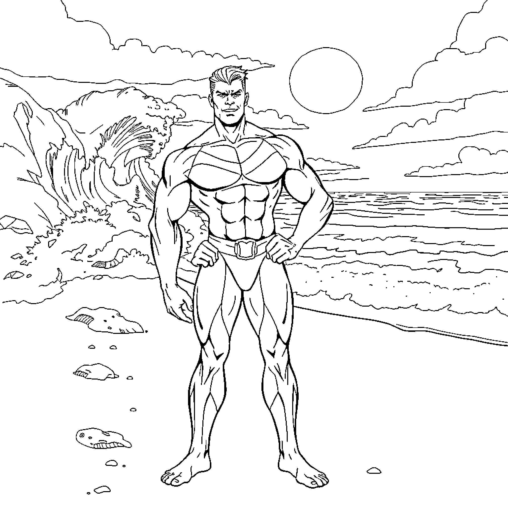 Namor, the Powerful Atlantean Hero Stands Tall Coloring Page (free black-and-white line drawing printable PDF for all, from beginners to advanced learners, including children, teens, adults, and seniors)