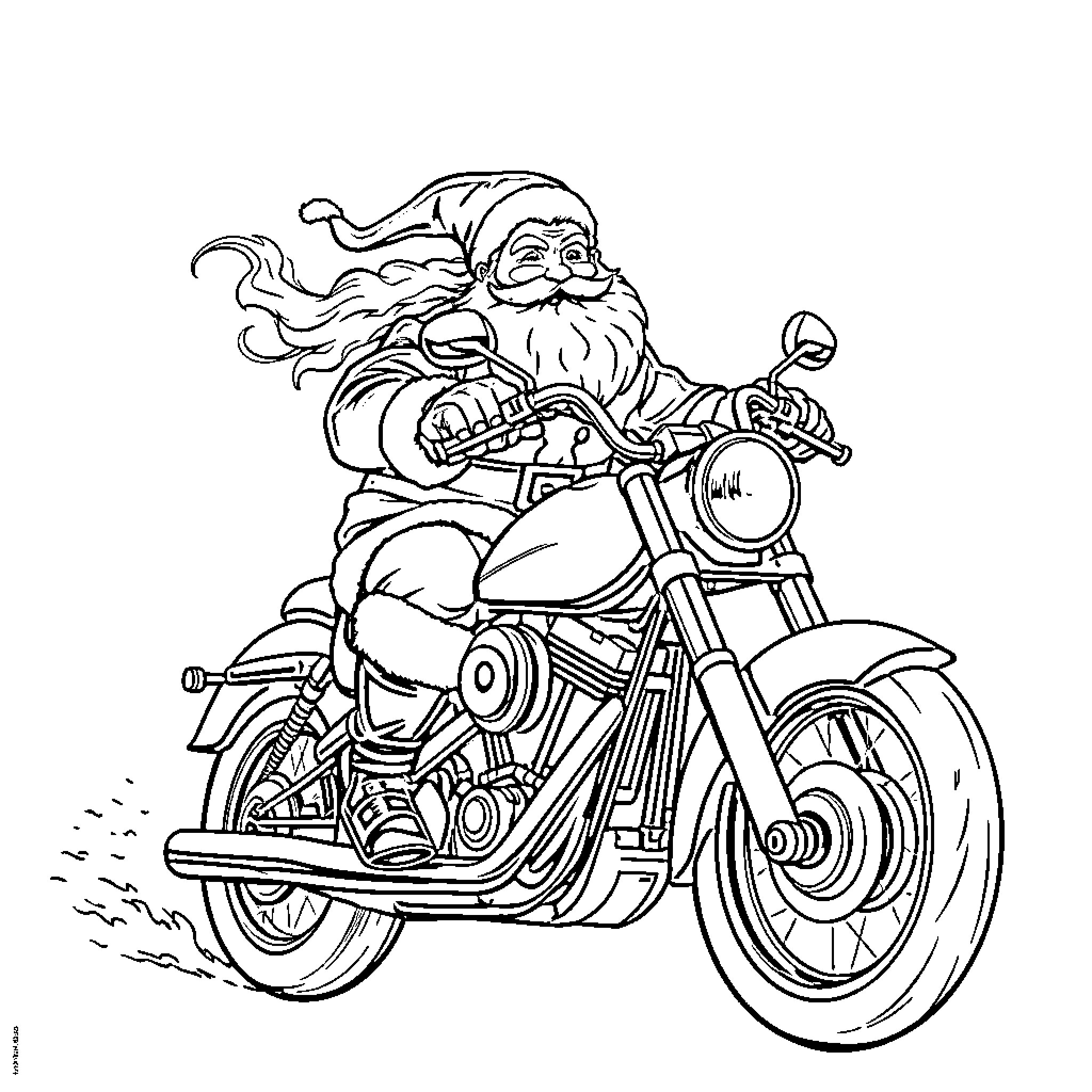 Santa riding a motorcycle with glee Coloring Page (free black-and-white line drawing printable PDF for all, from beginners to advanced learners, including children, teens, adults, and seniors)