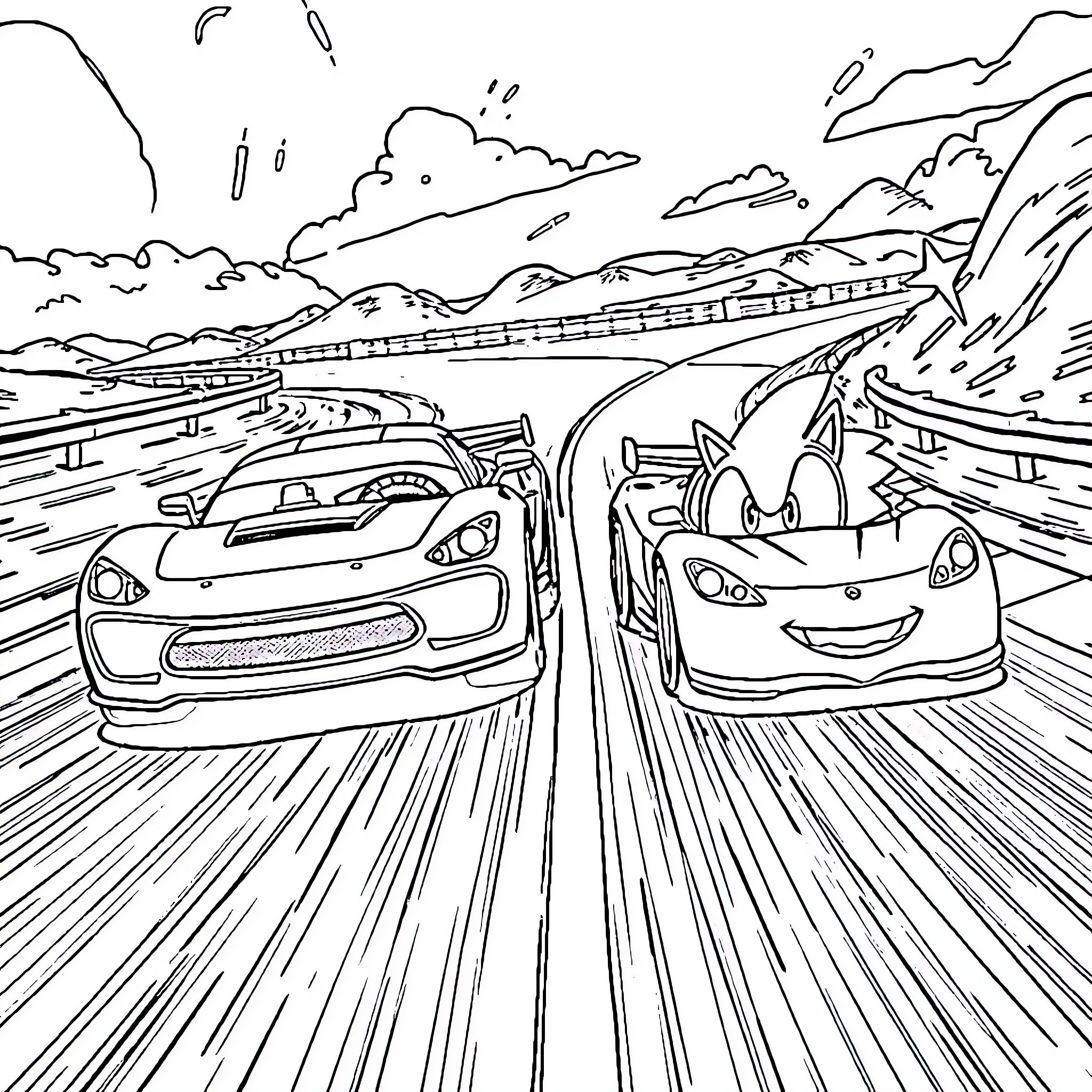 Car race on winding mountain road Coloring Page (free black-and-white line drawing printable PDF for all, from beginners to advanced learners, including children, teens, adults, and seniors)