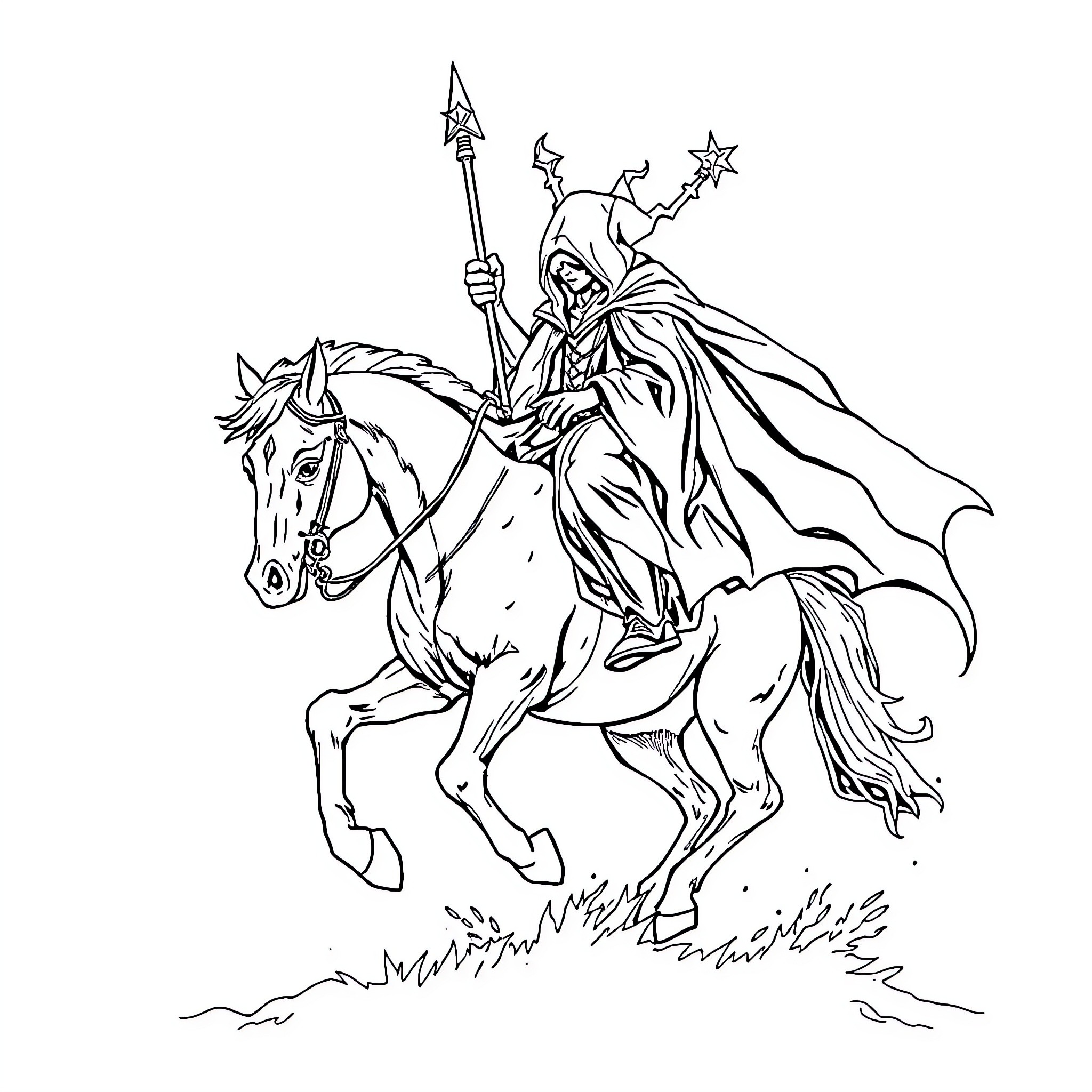 Pestilence rides forth on a white horse with a spear Coloring Page (free black-and-white line drawing printable PDF for all, from beginners to advanced learners, including children, teens, adults, and seniors)