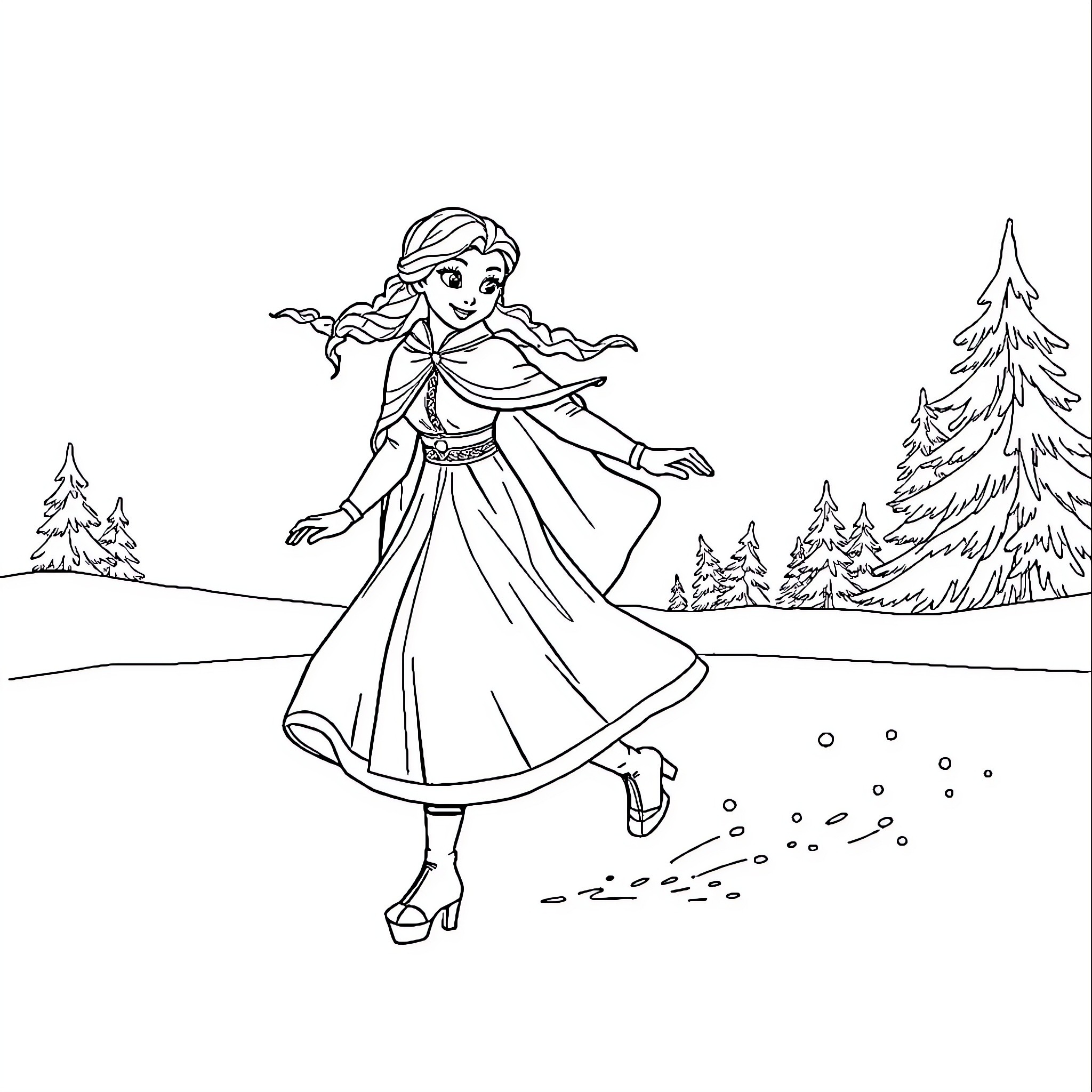 Queen in Elegant Winter Dress Dancing on Snowy Field Coloring Page (free black-and-white line drawing printable PDF for all, from beginners to advanced learners, including children, teens, adults, and seniors)