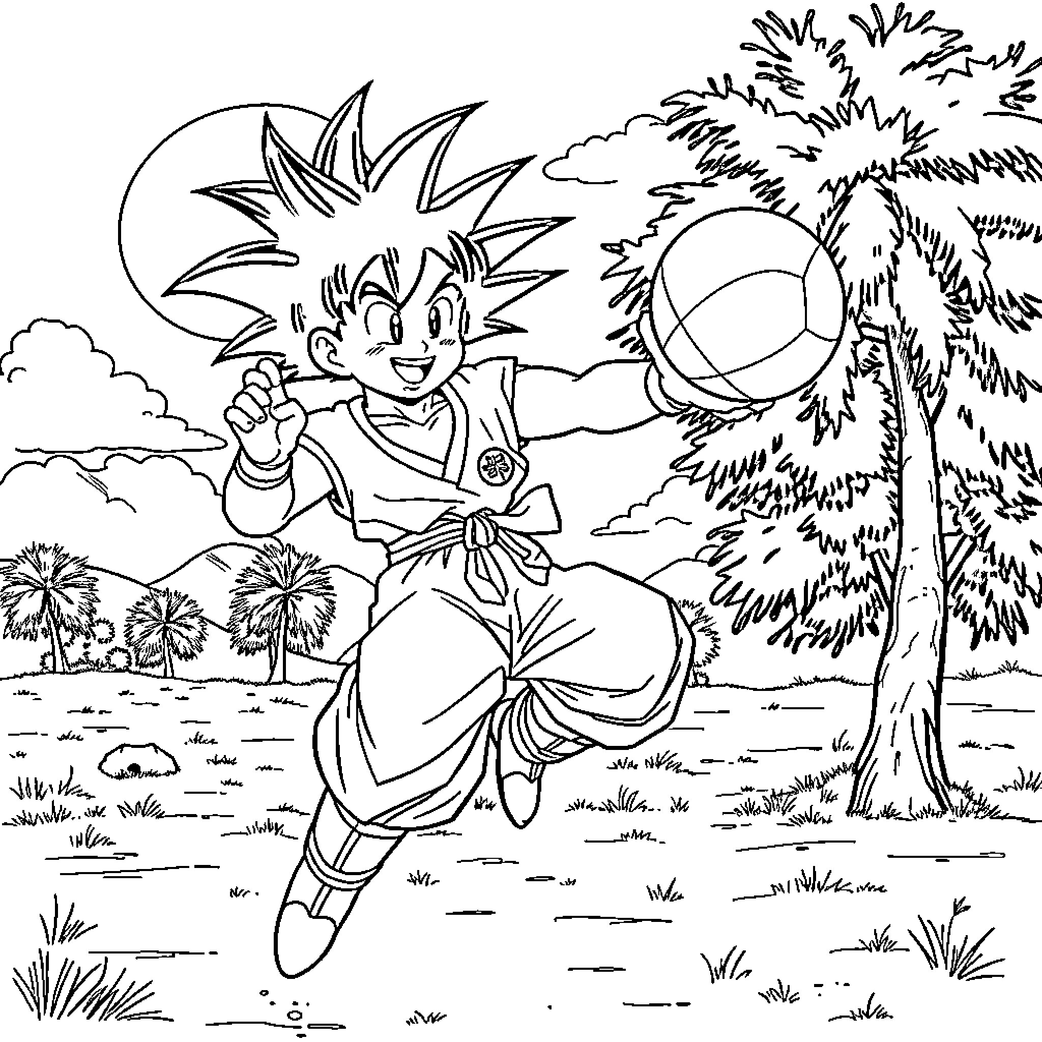 Son Goku flying with a beach ball in a tropical landscape Coloring Page (free black-and-white line drawing printable PDF for all, from beginners to advanced learners, including children, teens, adults, and seniors)