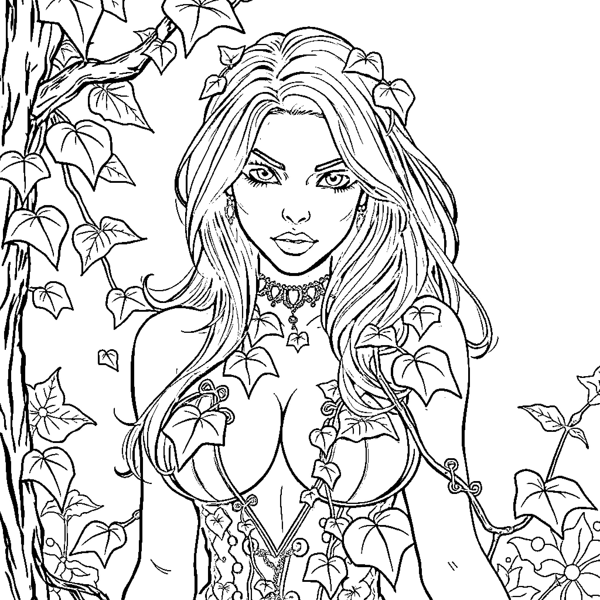 Poison Ivy in a Floral Fantasy Coloring Page (free black-and-white line drawing printable PDF for all, from beginners to advanced learners, including children, teens, adults, and seniors)