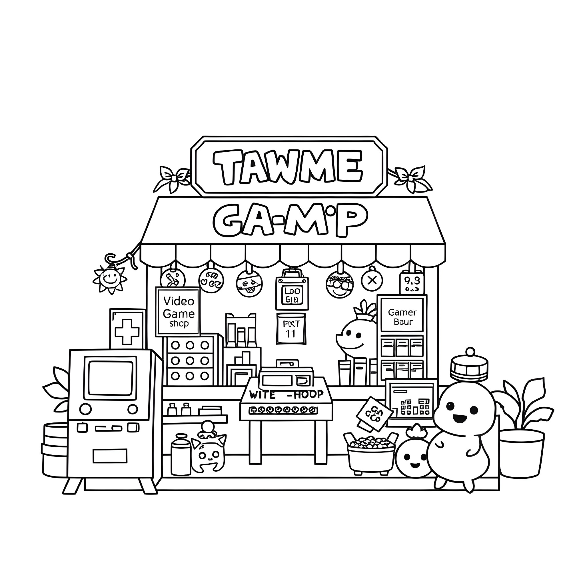 Video Game Shop with Diverse Merchandise and Characters Coloring Page (free black-and-white line drawing printable PDF for all, from beginners to advanced learners, including children, teens, adults, and seniors)