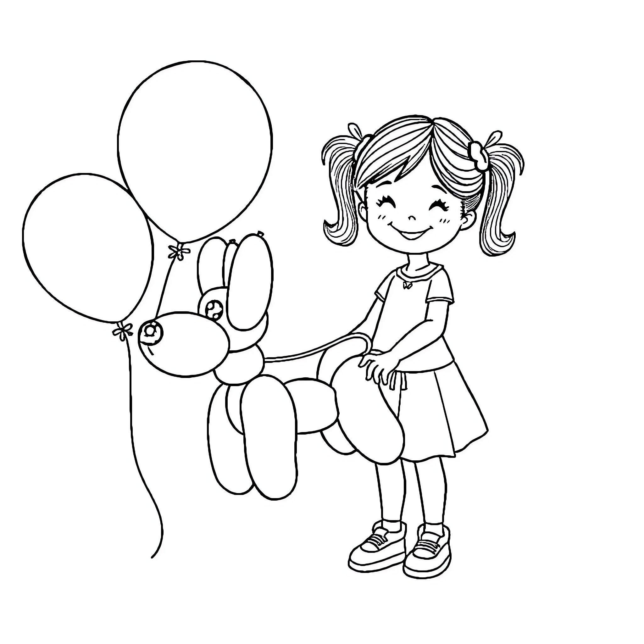 Dog playing with happy girl and balloons Coloring Page (free black-and-white line drawing printable PDF for all, from beginners to advanced learners, including children, teens, adults, and seniors)