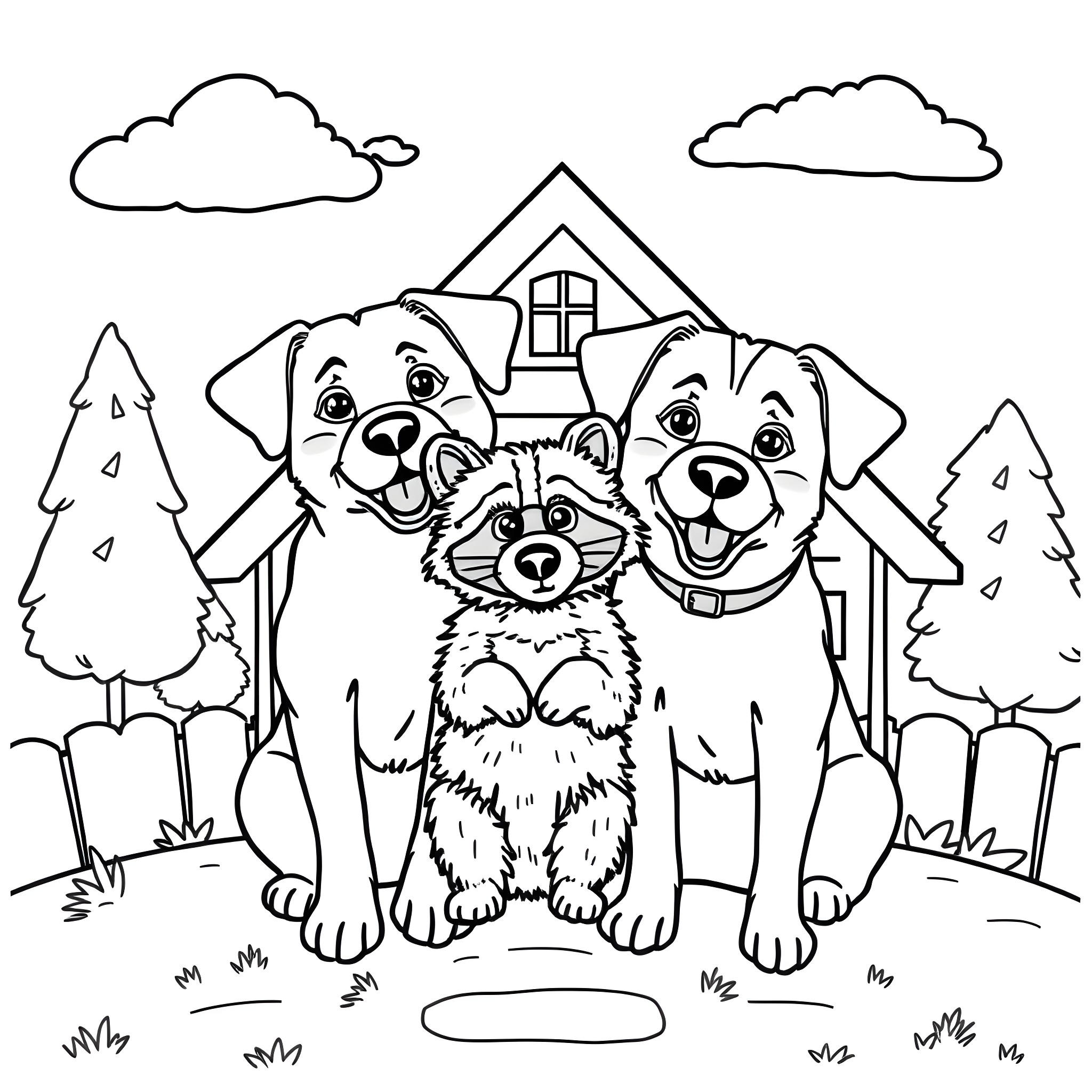 Dogs playing happily in the forest Coloring Page (free black-and-white line drawing printable PDF for all, from beginners to advanced learners, including children, teens, adults, and seniors)
