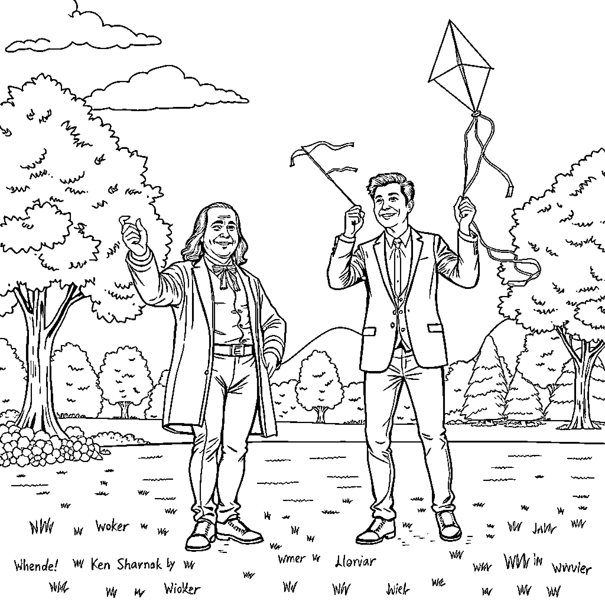 Kite flying with friends in the park Coloring Page (free black-and-white line drawing printable PDF for all, from beginners to advanced learners, including children, teens, adults, and seniors)