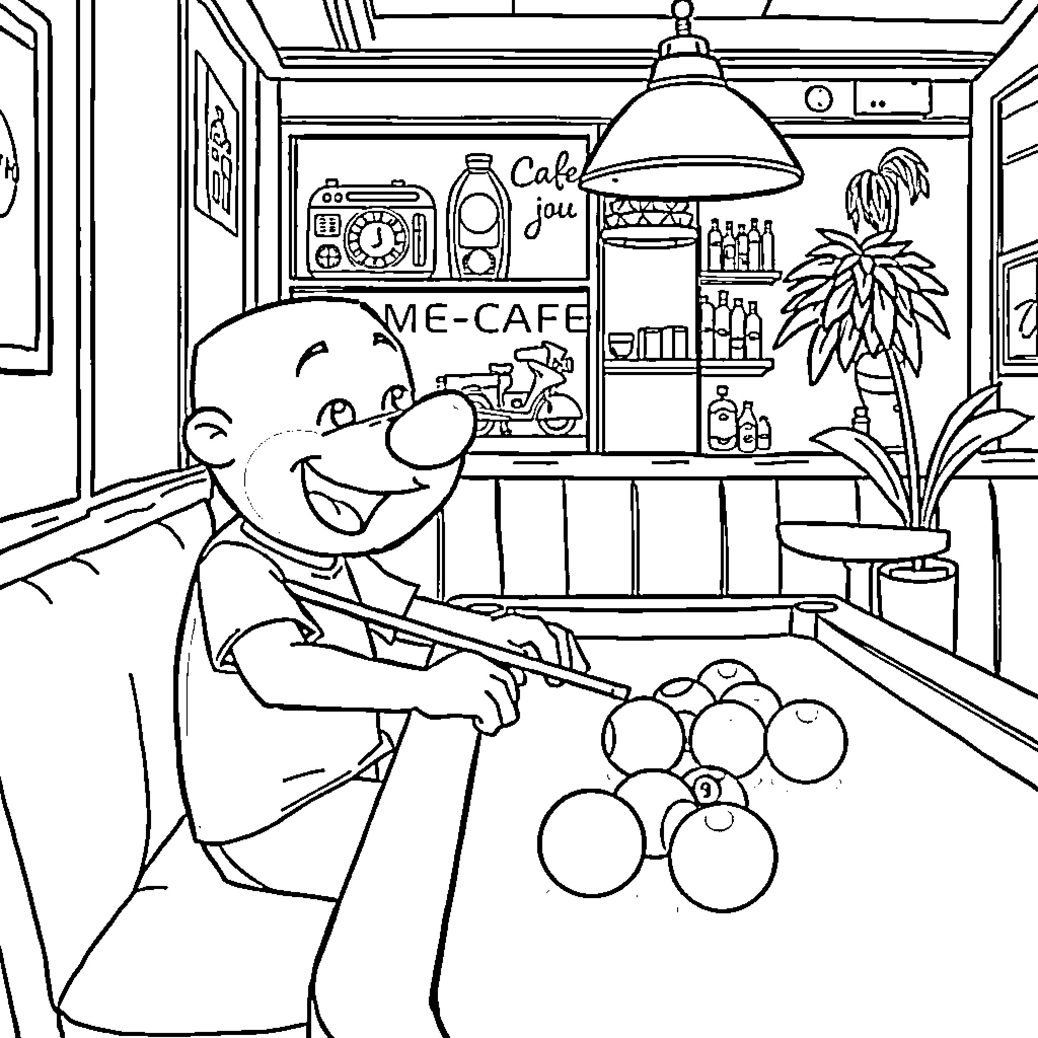 Bluey playing in a cozy cafe Coloring Page (free black-and-white line drawing printable PDF for all, from beginners to advanced learners, including children, teens, adults, and seniors)