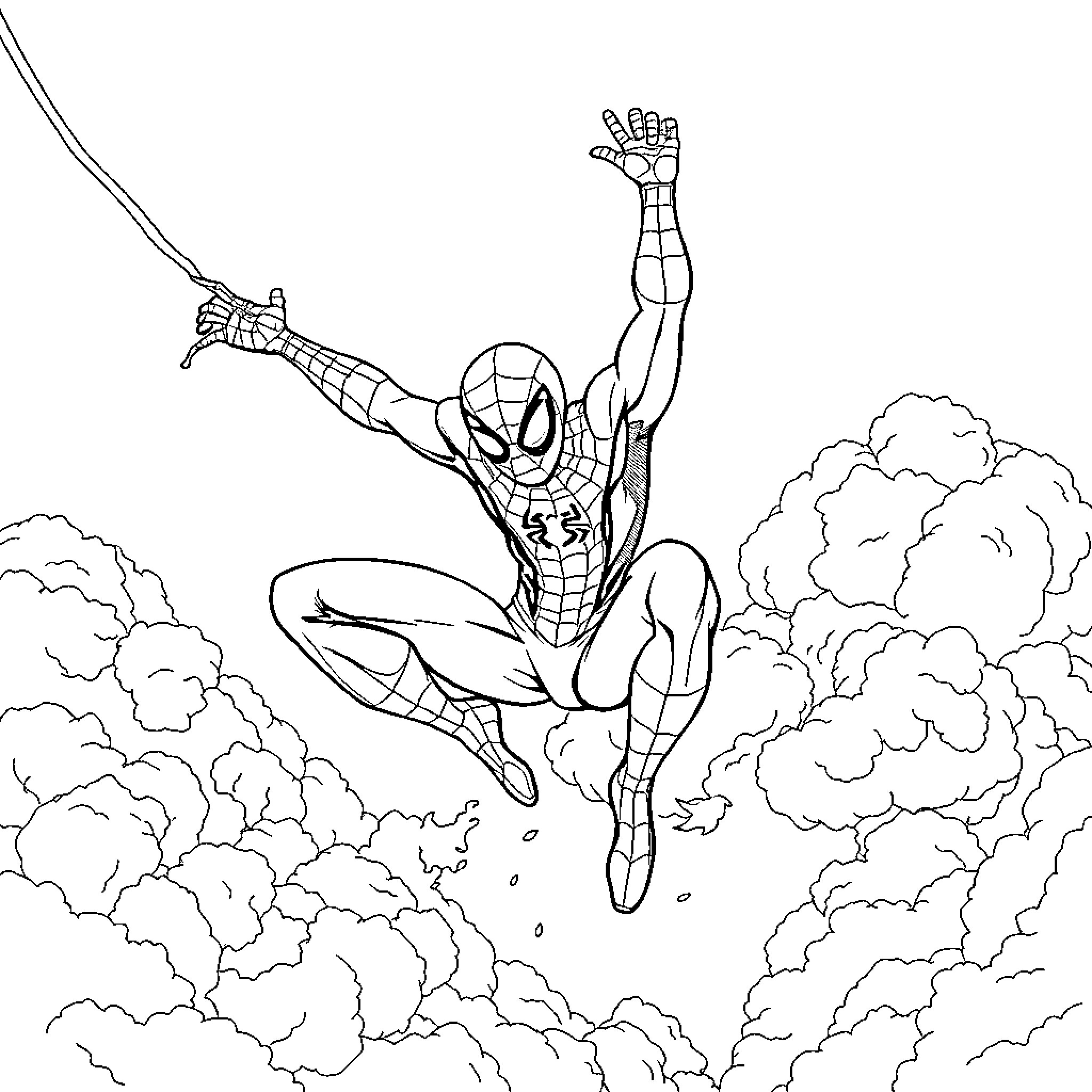 Spiderman swinging through the city with webslinging action Coloring Page (free black-and-white line drawing printable PDF for all, from beginners to advanced learners, including children, teens, adults, and seniors)