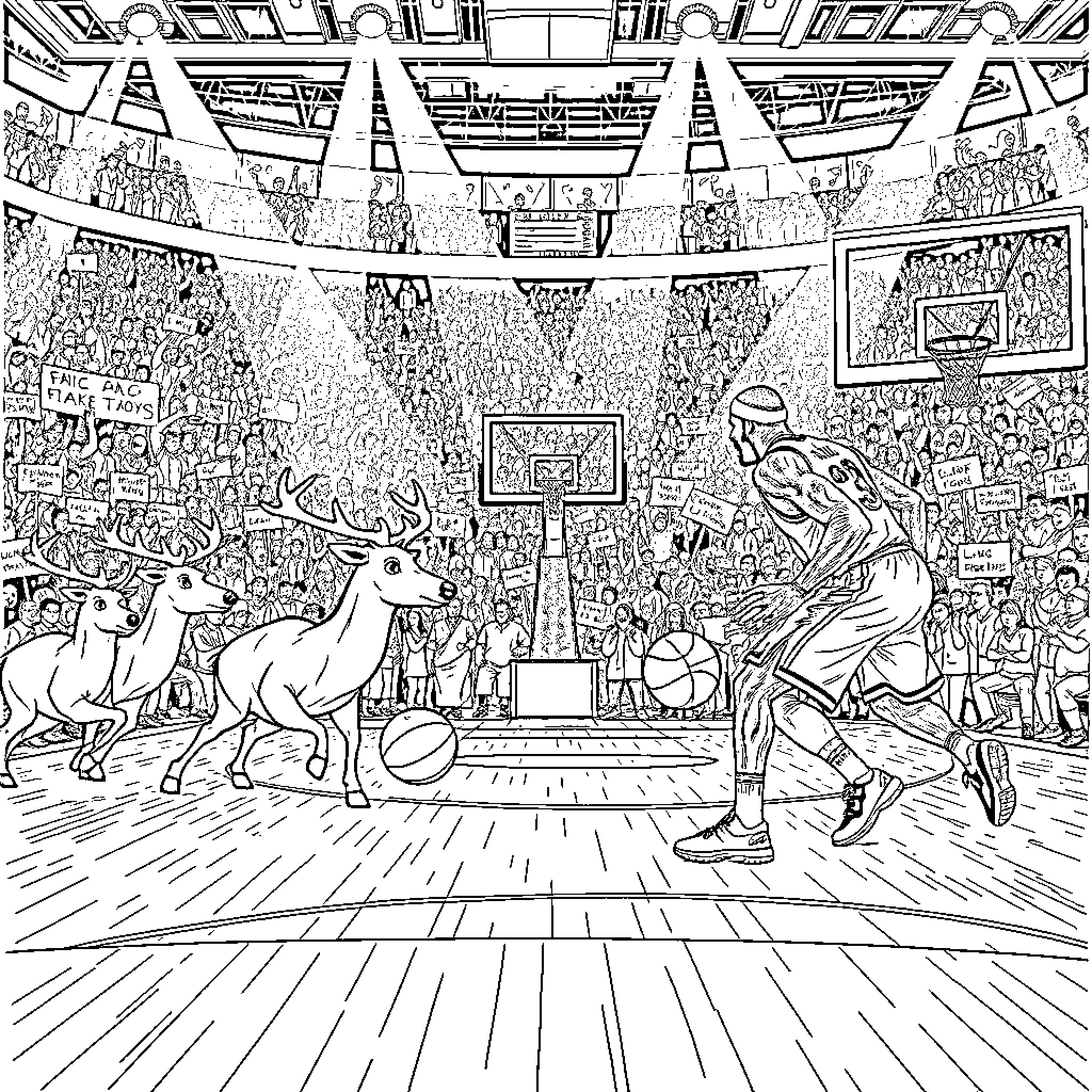 Reindeer basketball game in a crowded arena Coloring Page (free black-and-white line drawing printable PDF for all, from beginners to advanced learners, including children, teens, adults, and seniors)