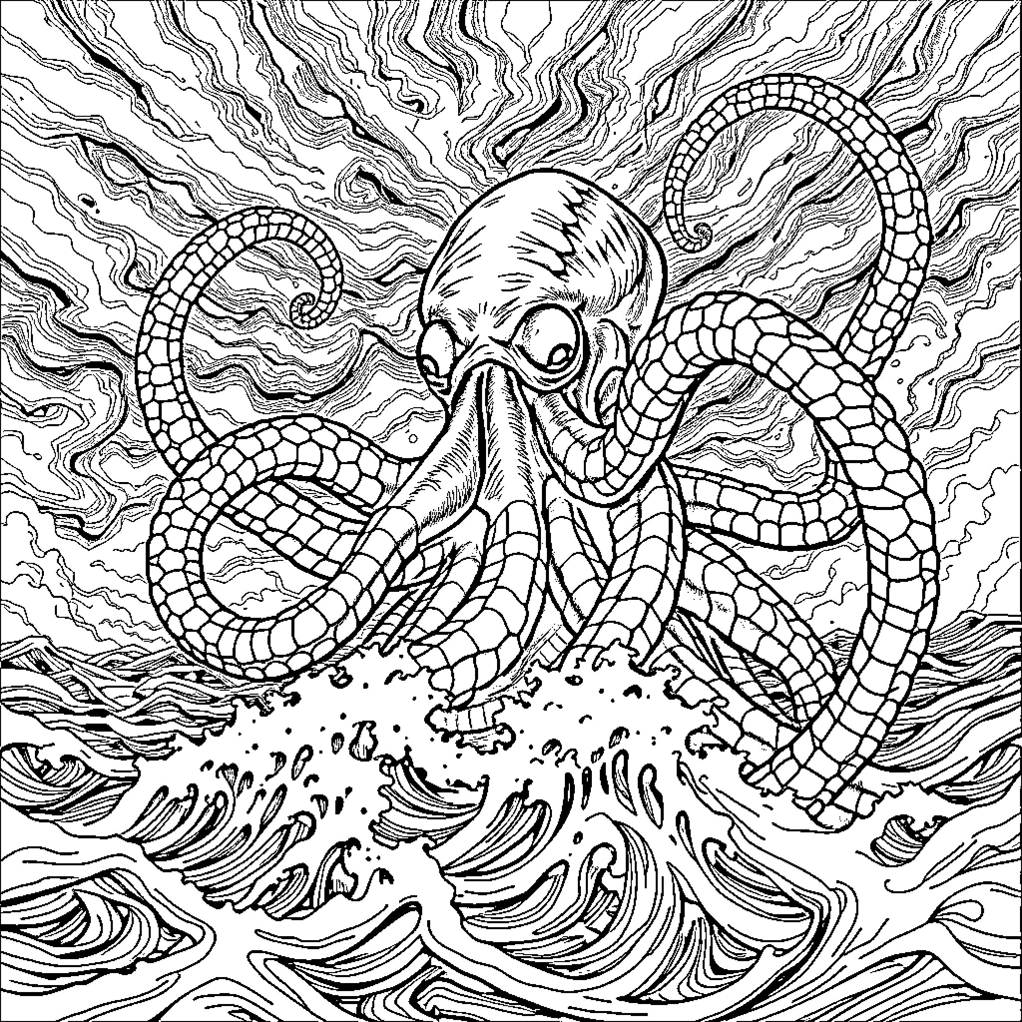 Cthulhu's Mystical Underwater Encounter Coloring Page (free black-and-white line drawing printable PDF for all, from beginners to advanced learners, including children, teens, adults, and seniors)