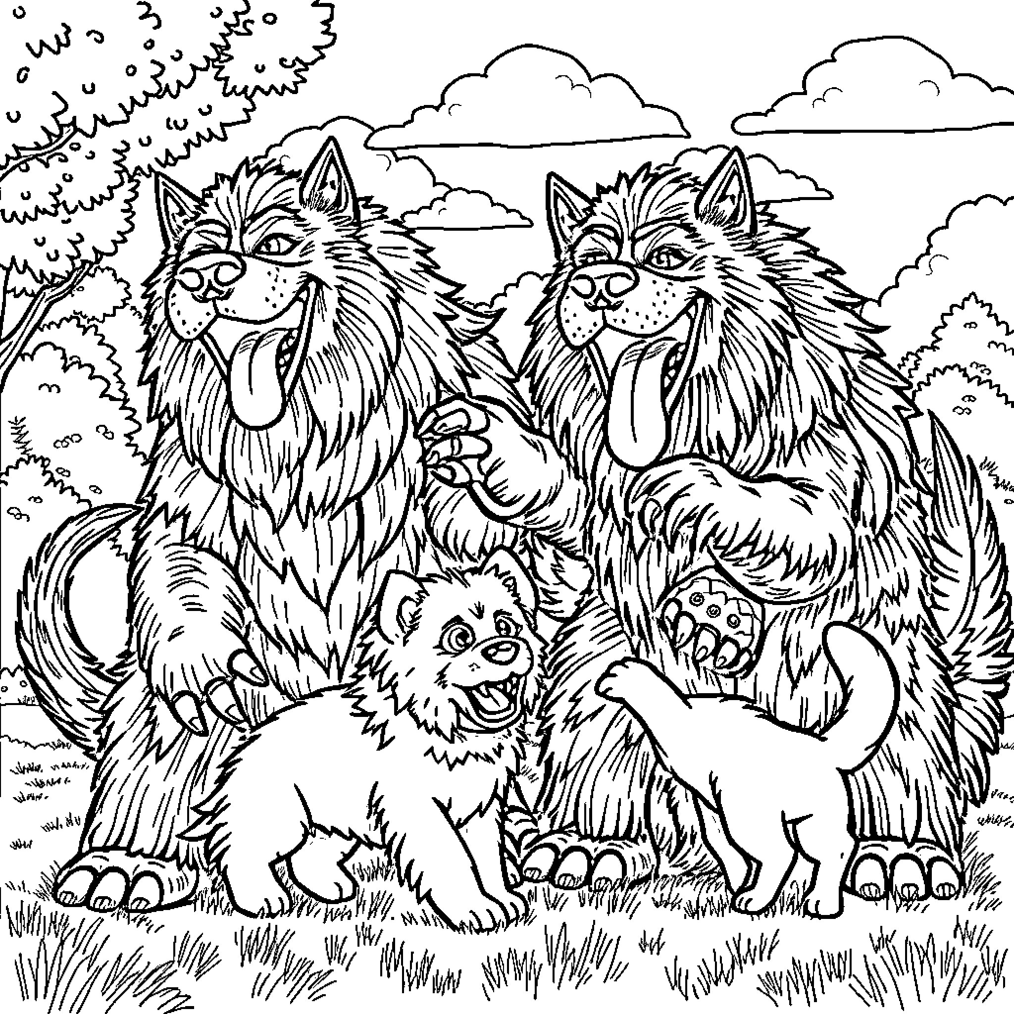 Dogzilla and family roam the forest Coloring Page (free black-and-white line drawing printable PDF for all, from beginners to advanced learners, including children, teens, adults, and seniors)