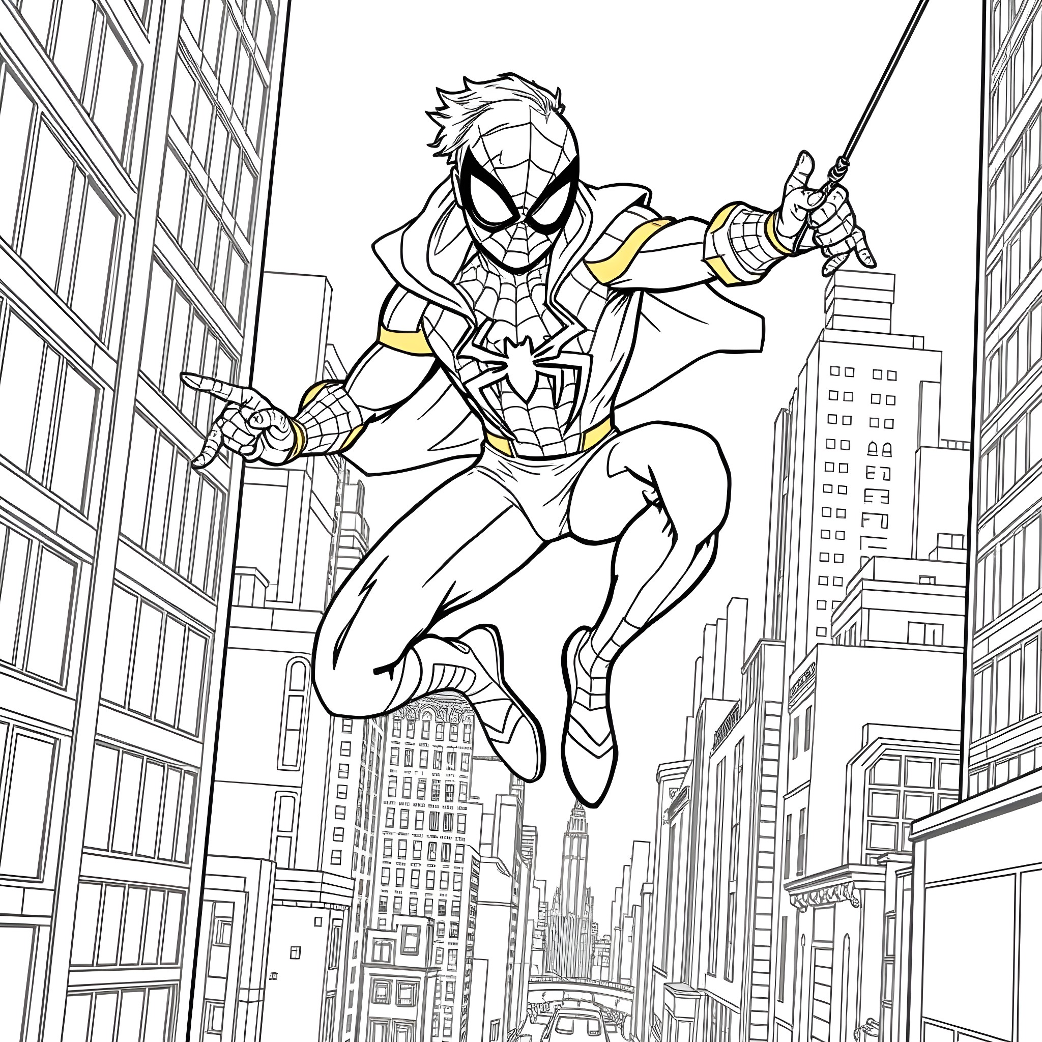 Spider-Boy Swinging in the City Coloring Page (free black-and-white line drawing printable PDF for all, from beginners to advanced learners, including children, teens, adults, and seniors)