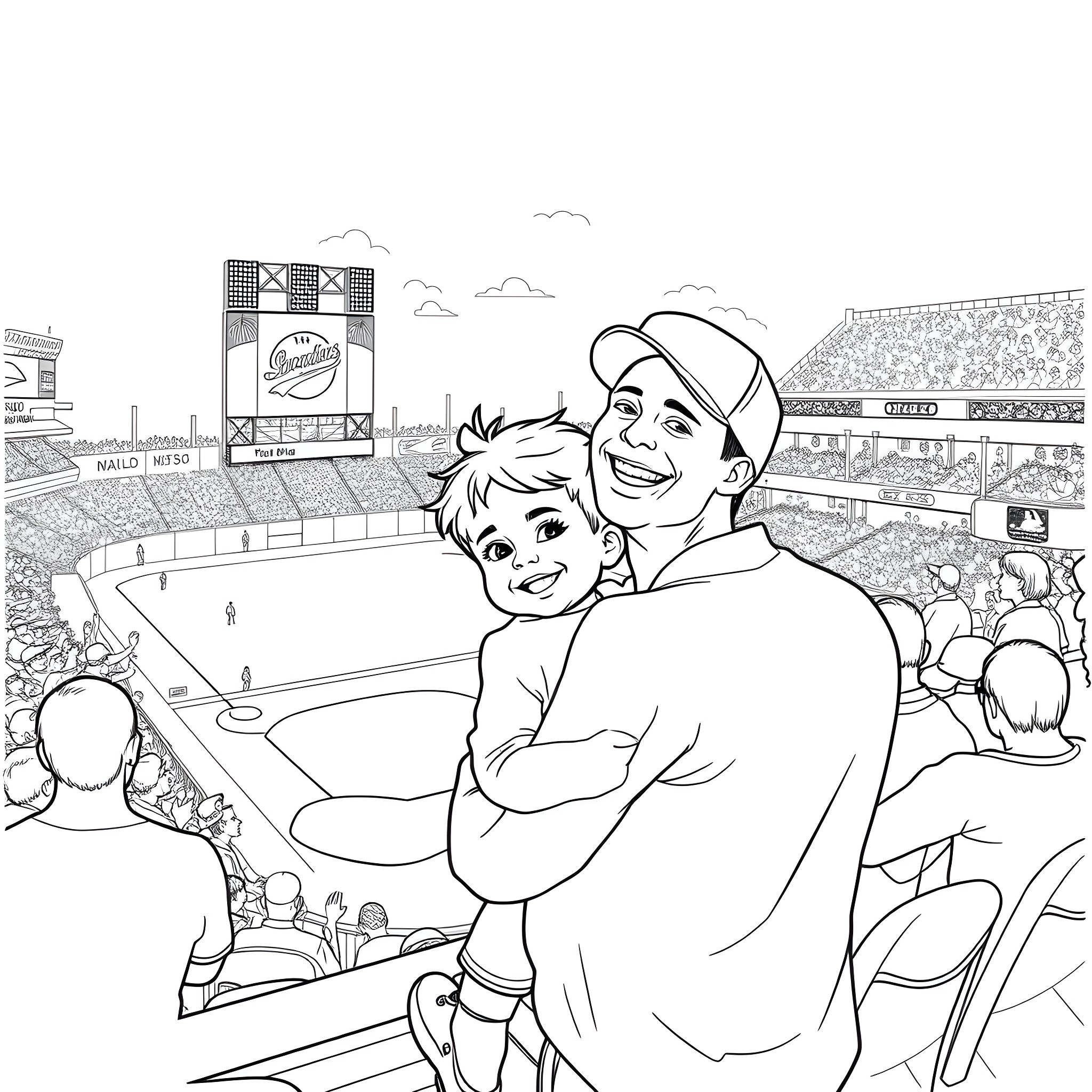 Father and Son Enjoying Baseball Game Together Coloring Page (free black-and-white line drawing printable PDF for all, from beginners to advanced learners, including children, teens, adults, and seniors)
