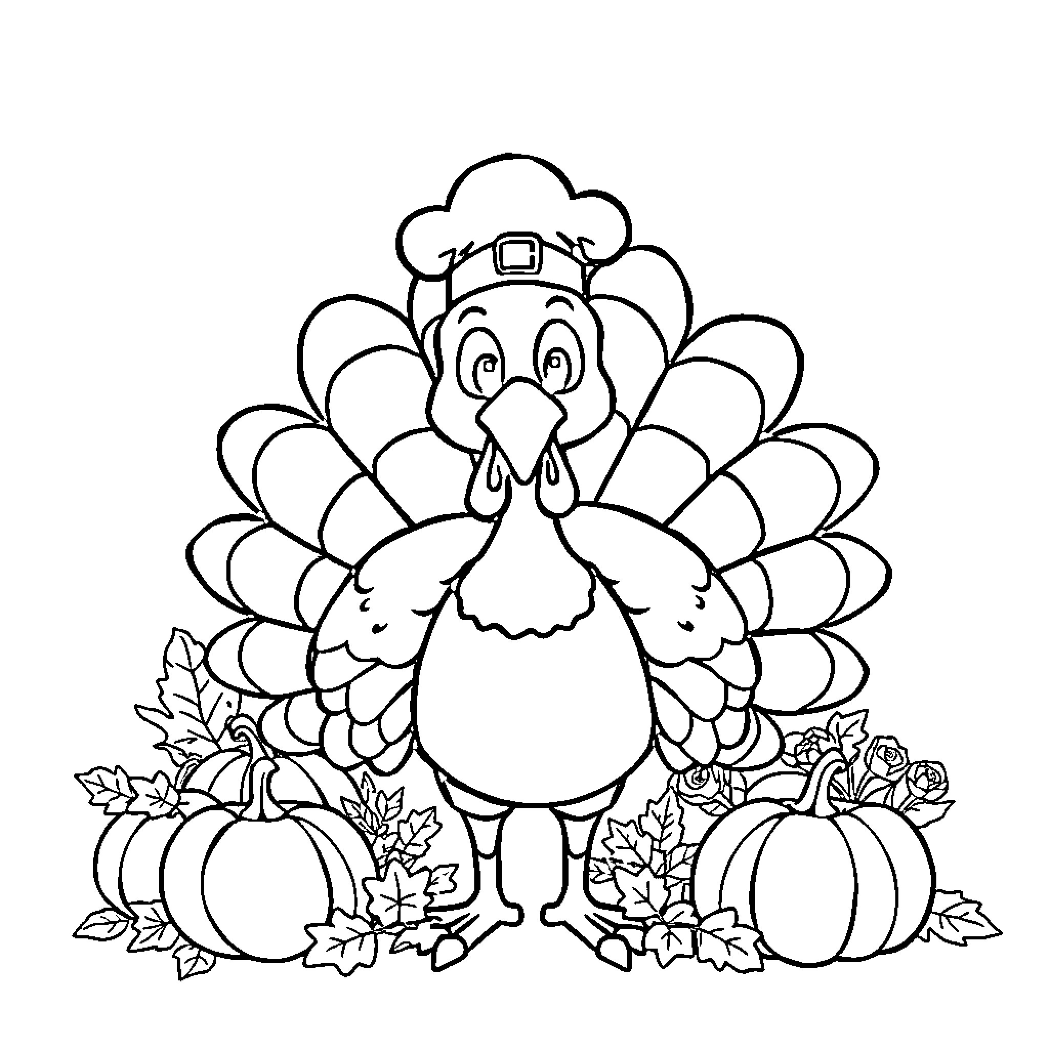 Turkey celebrating Thanksgiving with festive decorations Coloring Page (free black-and-white line drawing printable PDF for all, from beginners to advanced learners, including children, teens, adults, and seniors)