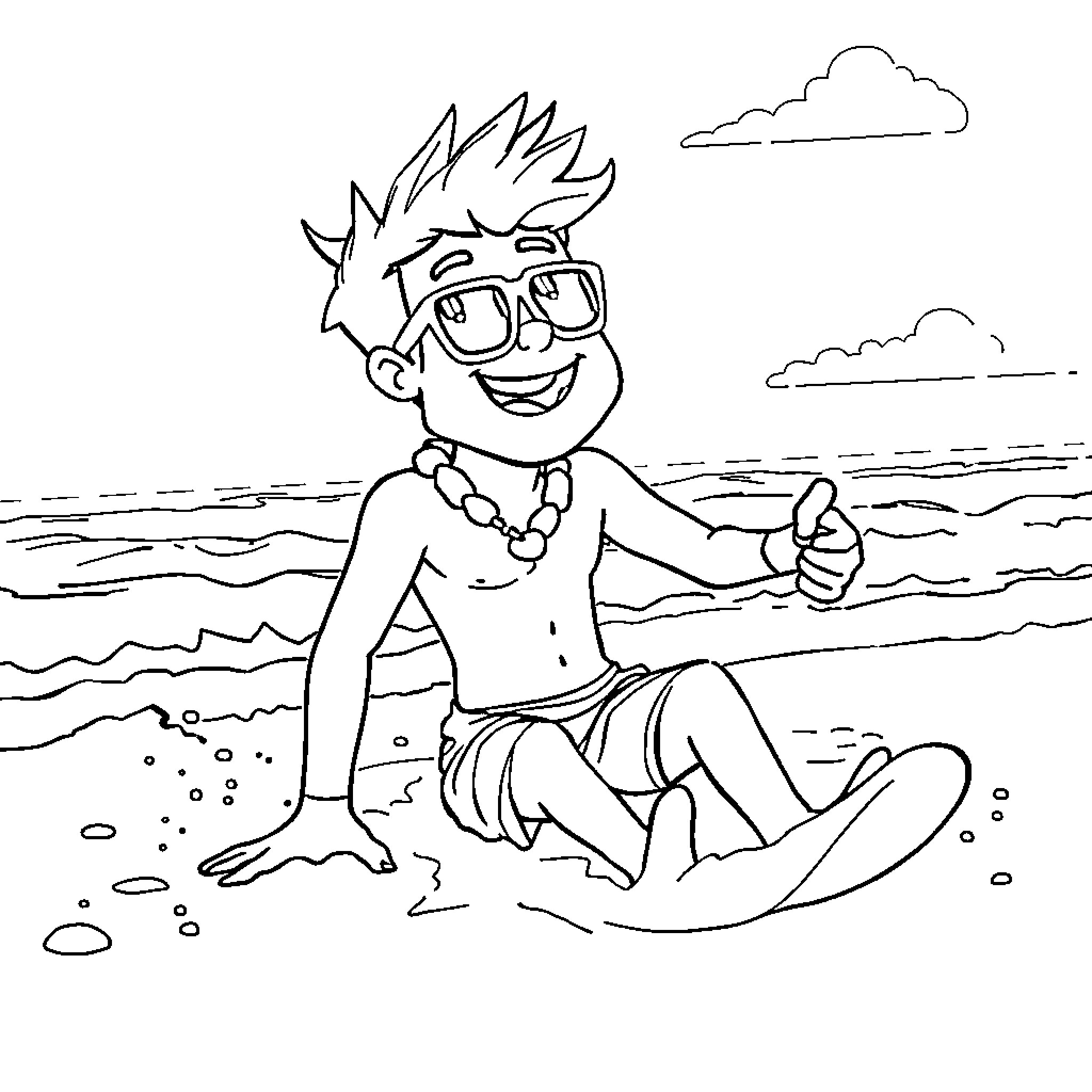 Jax enjoys fun day at the beach Coloring Page (free black-and-white line drawing printable PDF for all, from beginners to advanced learners, including children, teens, adults, and seniors)