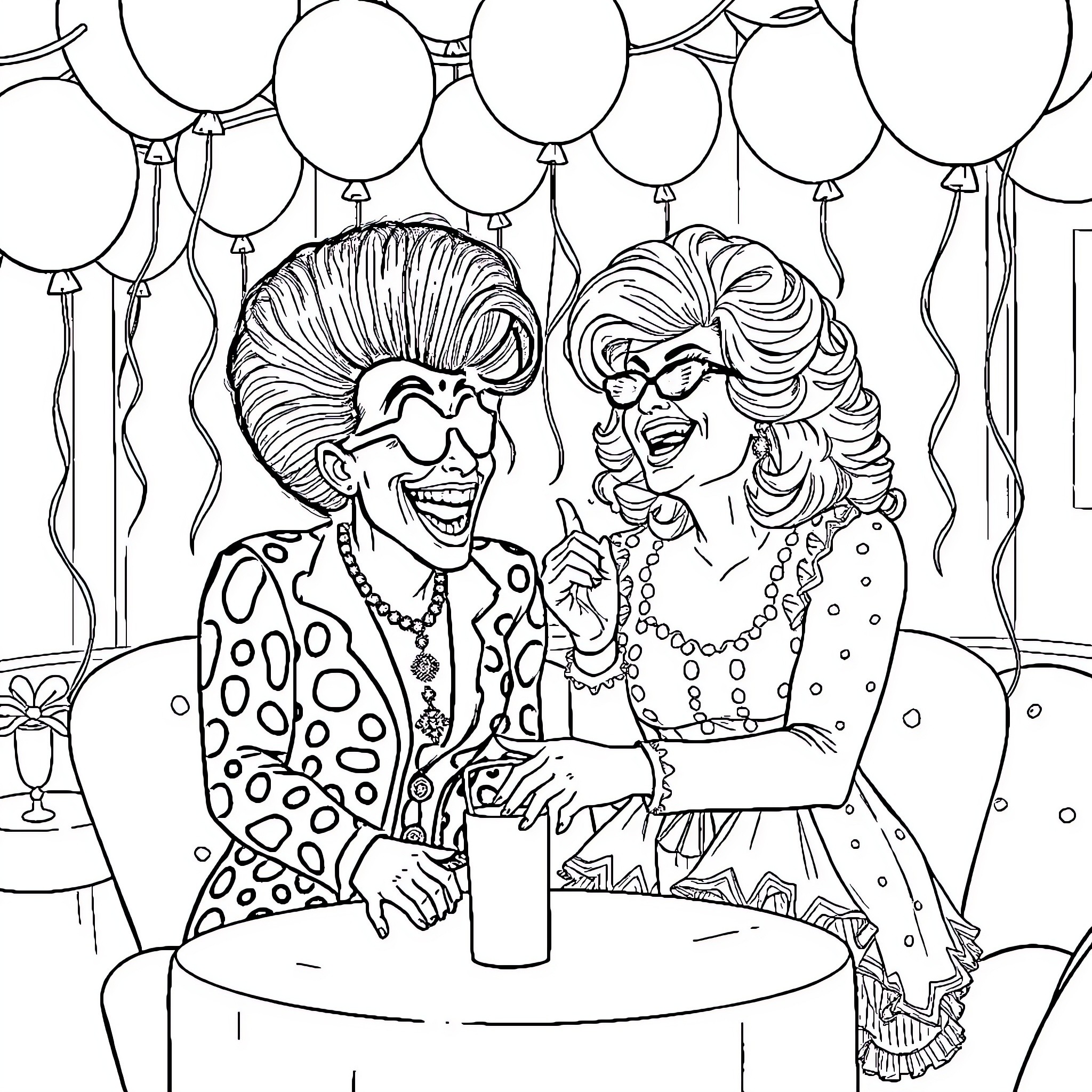 RuPaul's Drag Queen Party with Colorful Outfits and Balloons Coloring Page (free black-and-white line drawing printable PDF for all, from beginners to advanced learners, including children, teens, adults, and seniors)