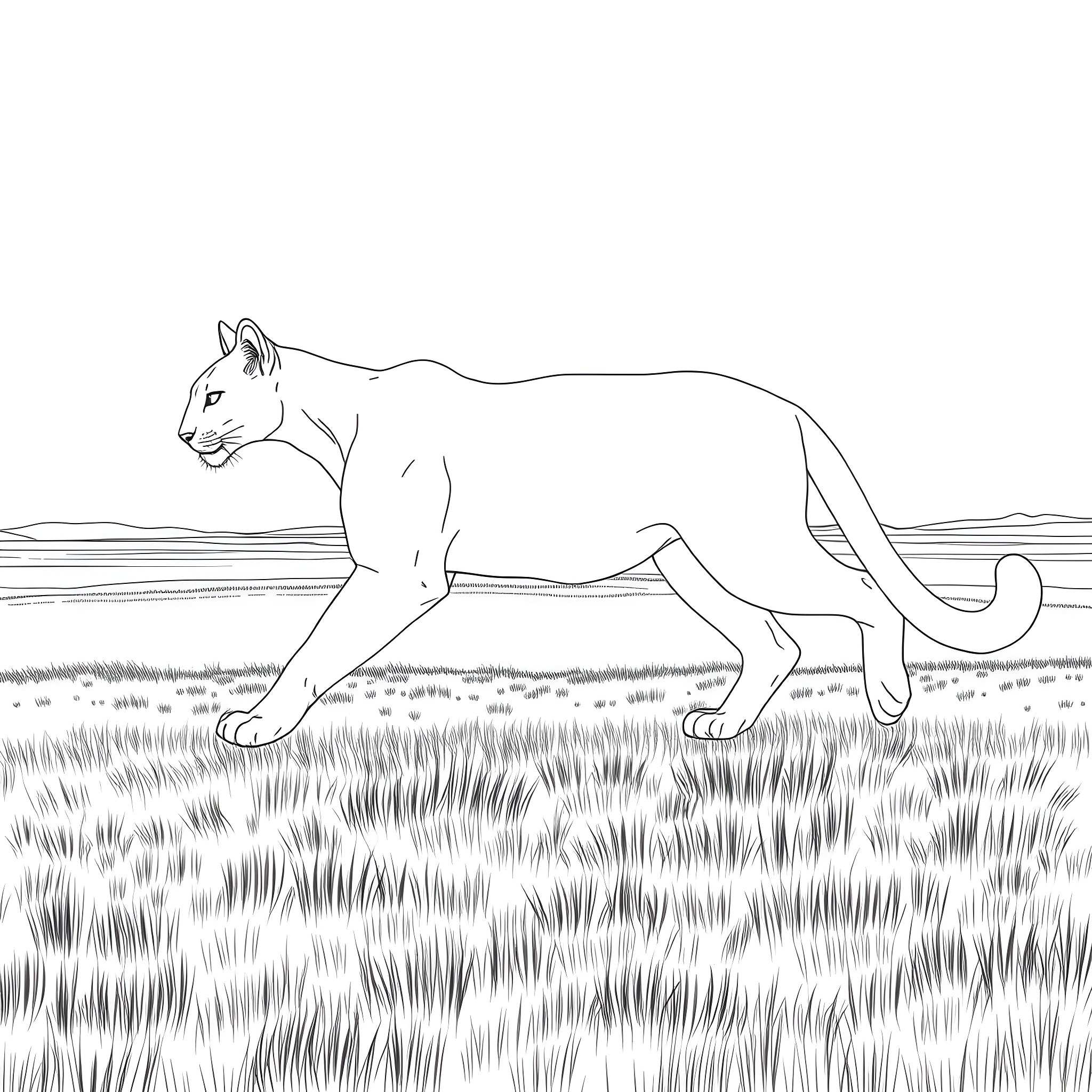Cougar prowling through the grassy field Coloring Page (free black-and-white line drawing printable PDF for all, from beginners to advanced learners, including children, teens, adults, and seniors)