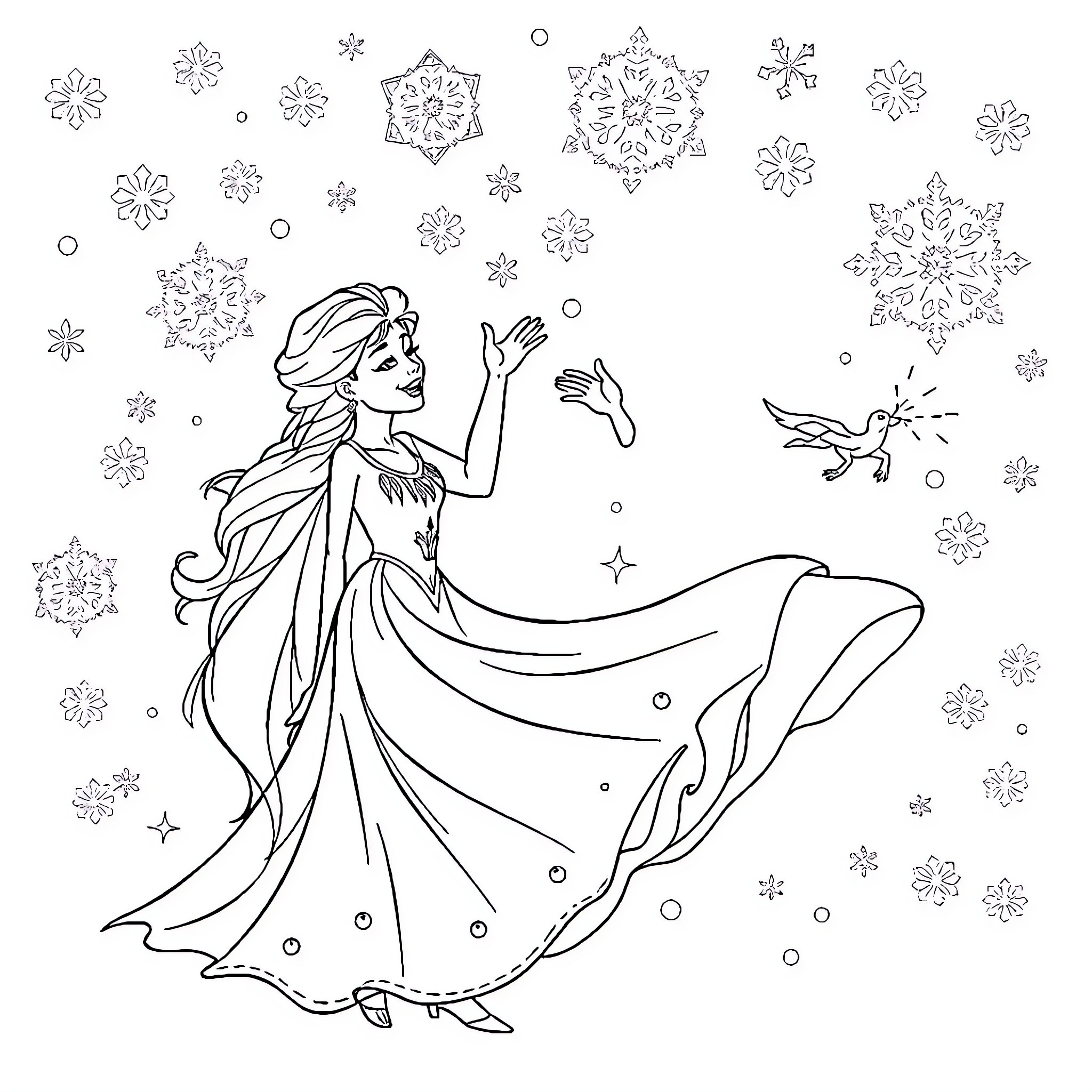 Elsa's Wintery Wonder: Icy Magic and Enchanting Snowflakes Coloring Page (free black-and-white line drawing printable PDF for all, from beginners to advanced learners, including children, teens, adults, and seniors)