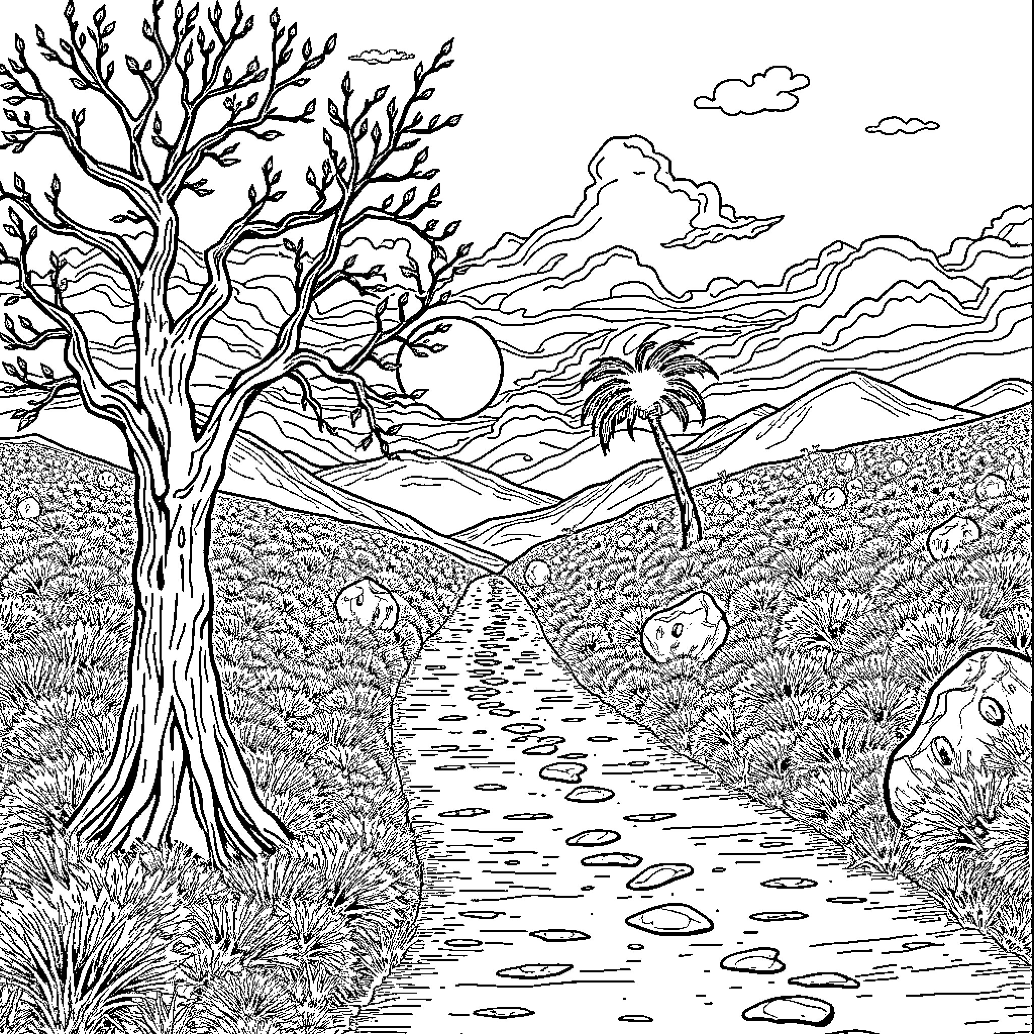 Blood Circulation through Winding Path in Enchanting Landscape Coloring Page (free black-and-white line drawing printable PDF for all, from beginners to advanced learners, including children, teens, adults, and seniors)
