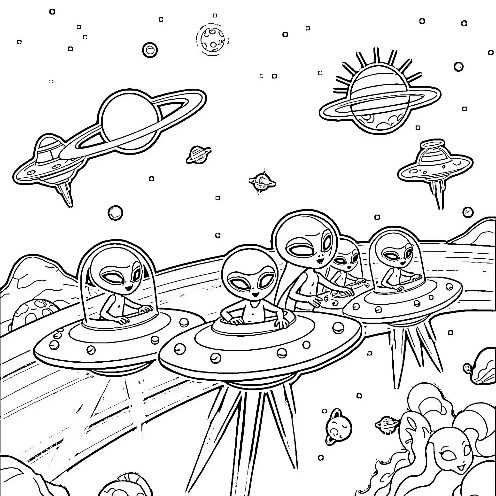 Alien spacecraft and extraterrestrial life in the cosmos Coloring Page (free black-and-white line drawing printable PDF for all, from beginners to advanced learners, including children, teens, adults, and seniors)