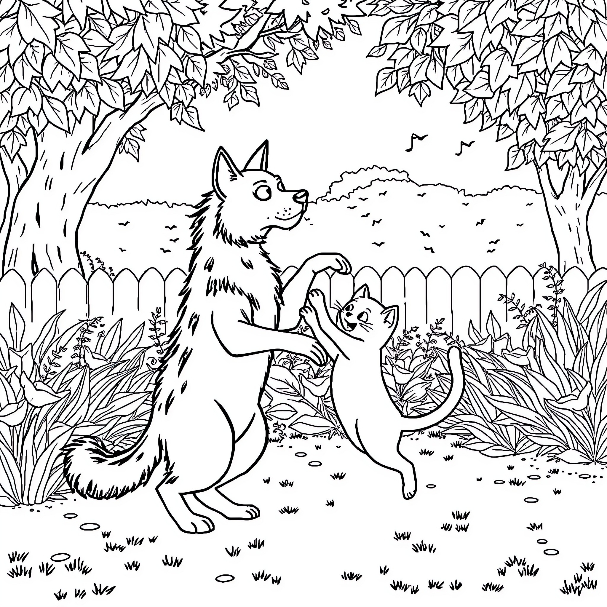 Gato Playing with Kittens in the Forest Coloring Page (free black-and-white line drawing printable PDF for all, from beginners to advanced learners, including children, teens, adults, and seniors)