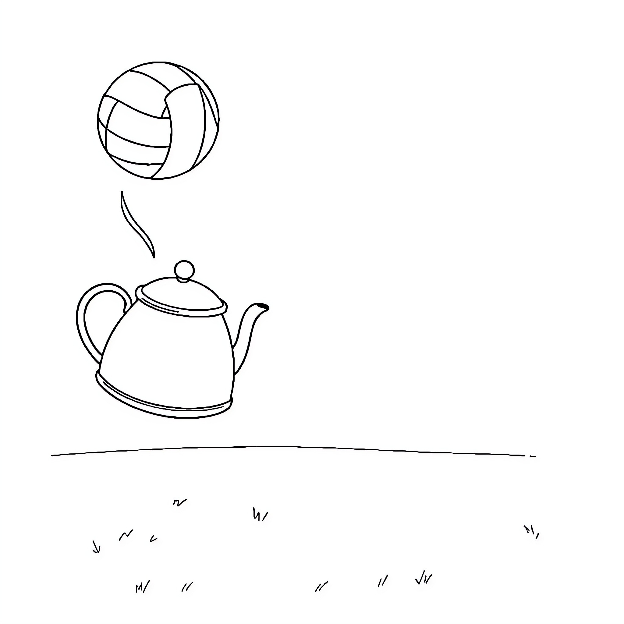 Kettle and ball playing in a minimalist scene Coloring Page (free black-and-white line drawing printable PDF for all, from beginners to advanced learners, including children, teens, adults, and seniors)