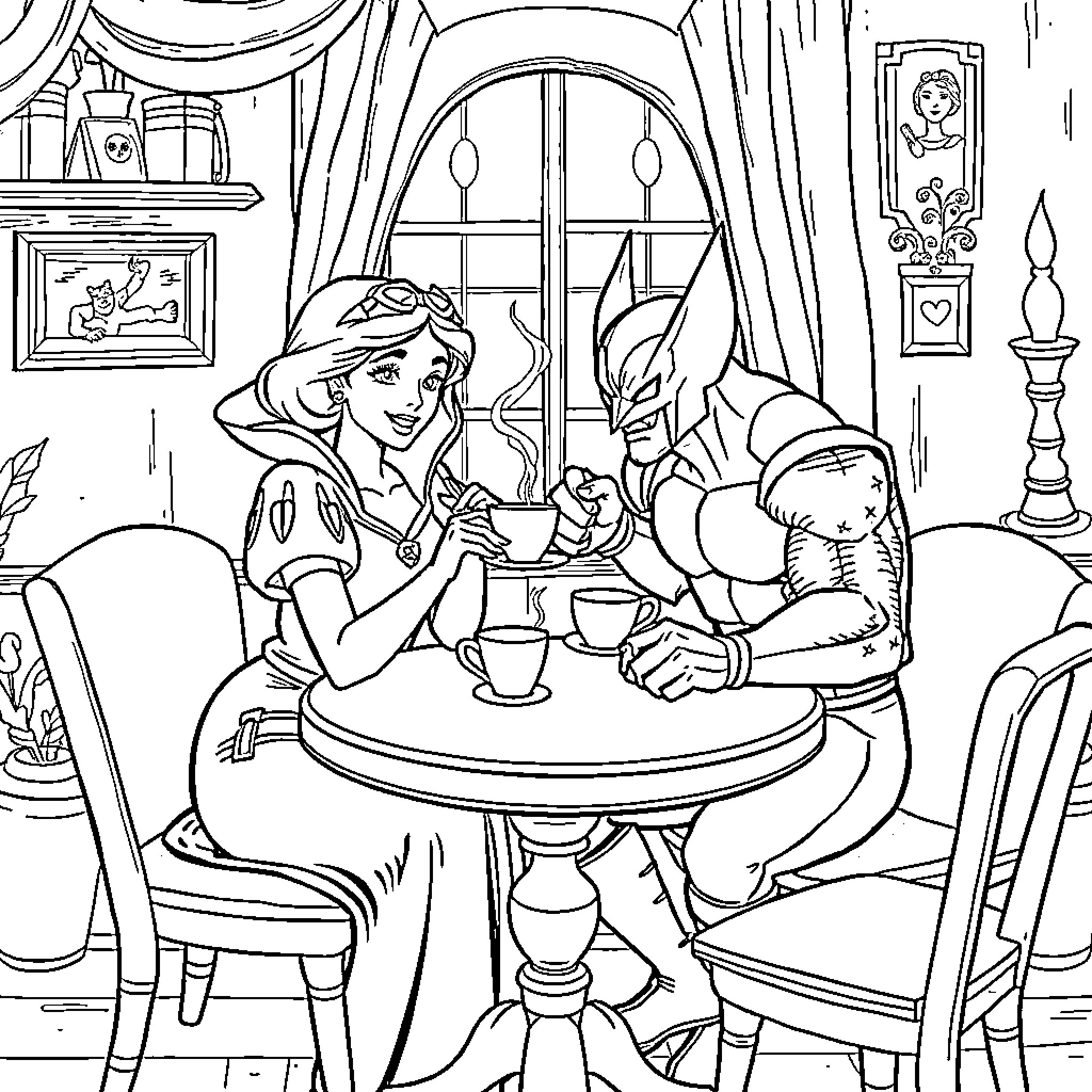 Snow White Sharing Tea with the Prince in Her Cottage Coloring Page (free black-and-white line drawing printable PDF for all, from beginners to advanced learners, including children, teens, adults, and seniors)